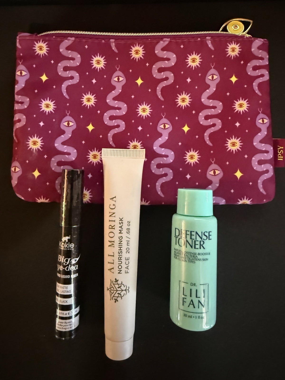 Ipsy Bag W/ Makeup Lot New Kokie Big Eye-Dea Liquid Liner All Moringa Mask Toner