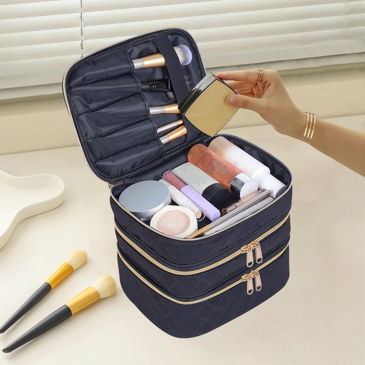 Large Makeup Bag 3 Layers with Handle Travel Makeup Bag Organizer Toiletry Ac…