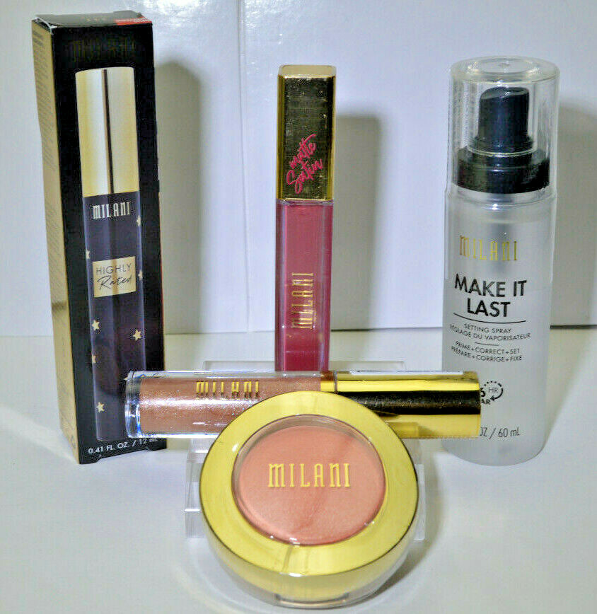 MILANI Makeup set 5: Amore Satin Matte Lip, Plumper, Powder Blush, Mascara, Spra