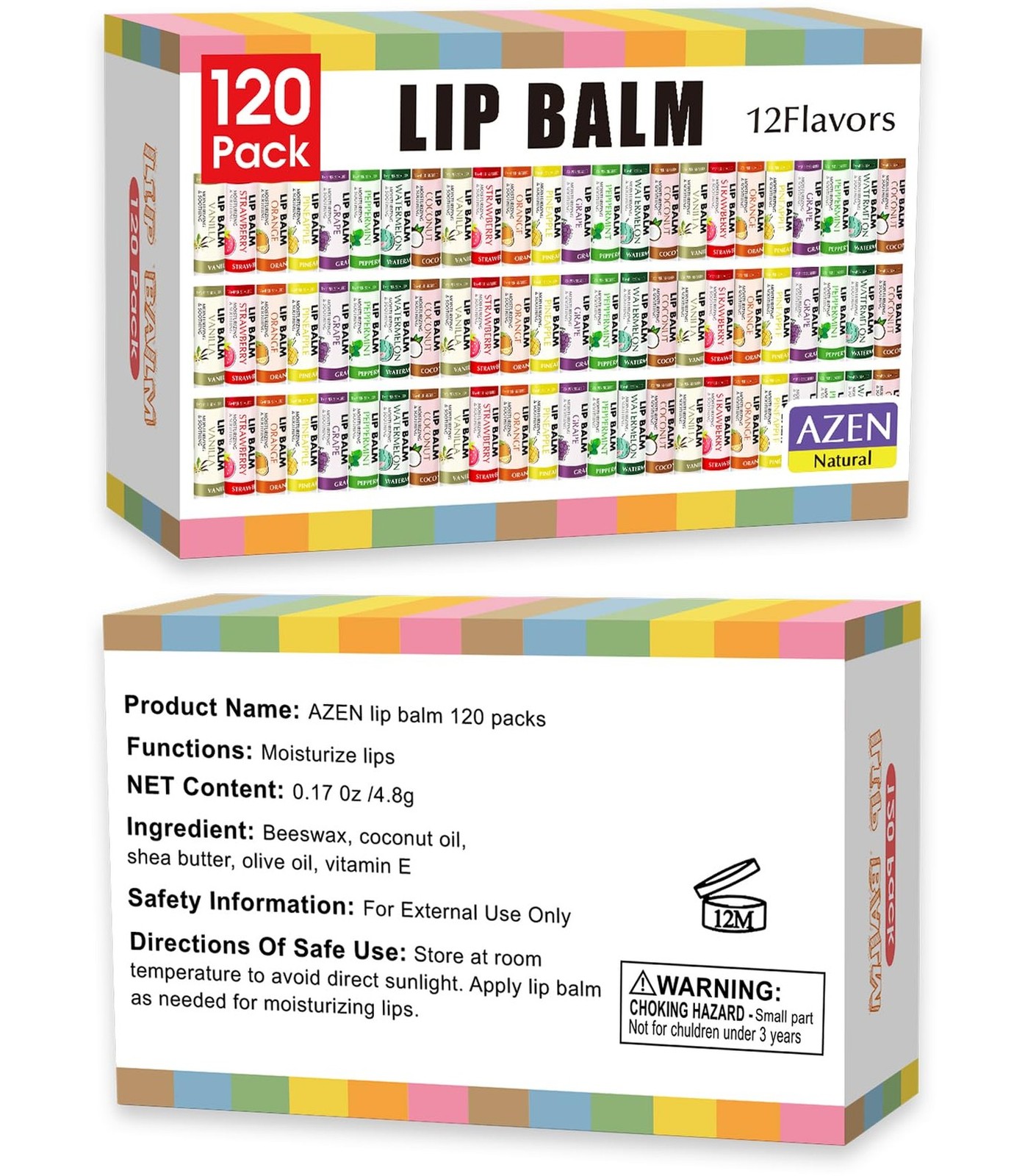 AZEN 120 Pack Lip Balm Bulk, Moisturizing Lip Balms for dry cracked lips, Val…