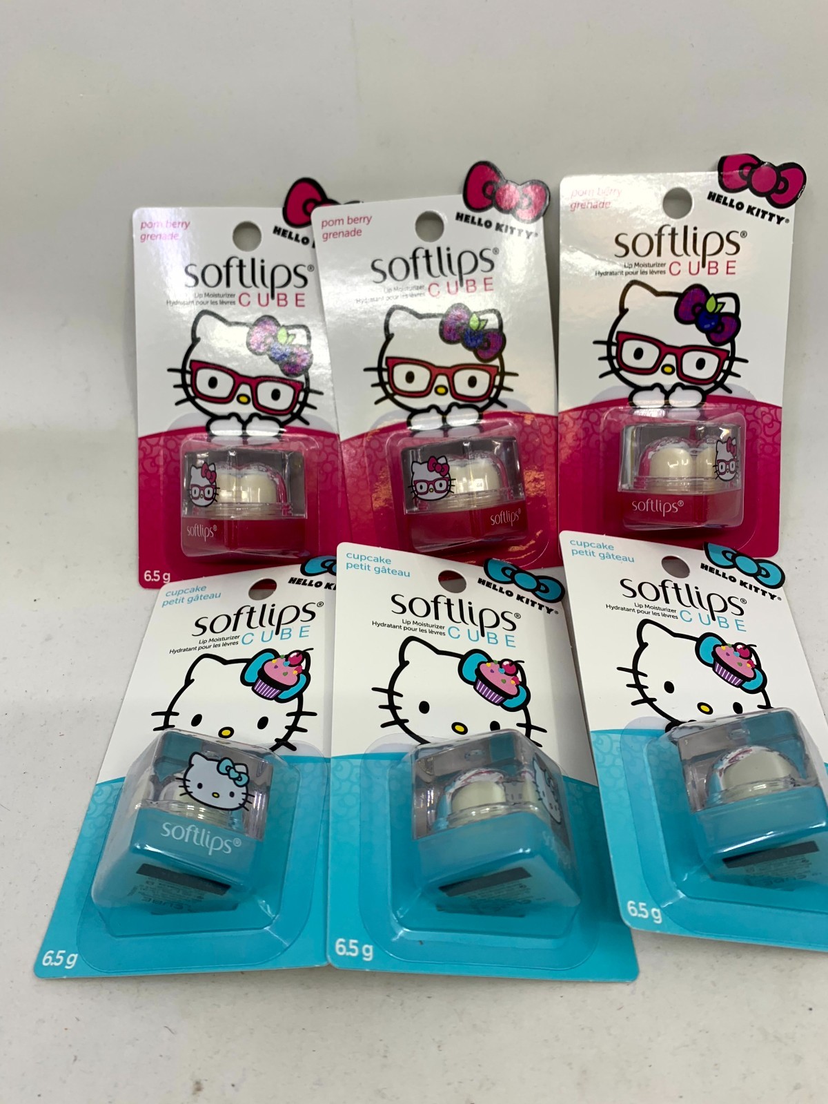 6 Hello Kitty Softlips Cube Pom Berry & Cupcake Lip balm DISCONTINUED Sanrio NEW