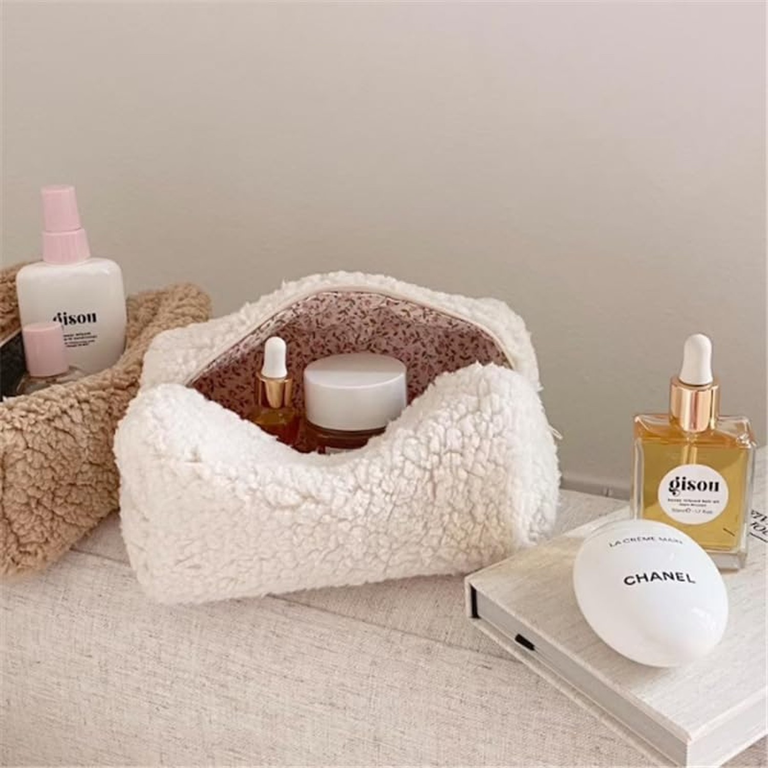 Cosmetic Bags for Women, Fleece Makeup bag Large Aesthetic Travel Toiletry ba…