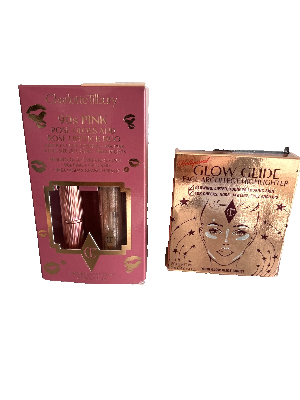 Charlotte Tilbury LOT of 2 Rose Gold Glow Highlighter, 90s Pink Lipstick & Gloss