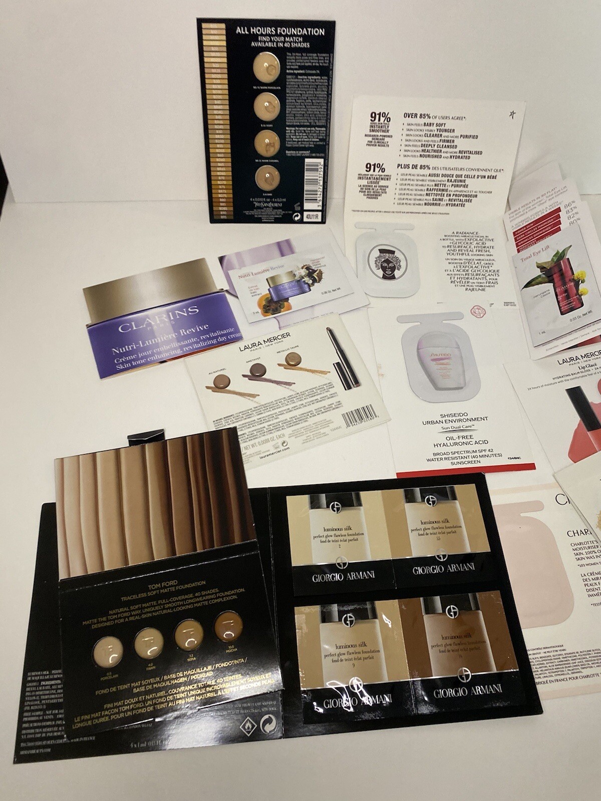 10 Pcs Beauty Makeup Skin Samples Tilbury Armani YSL Ford Mercier Clarins BONUS