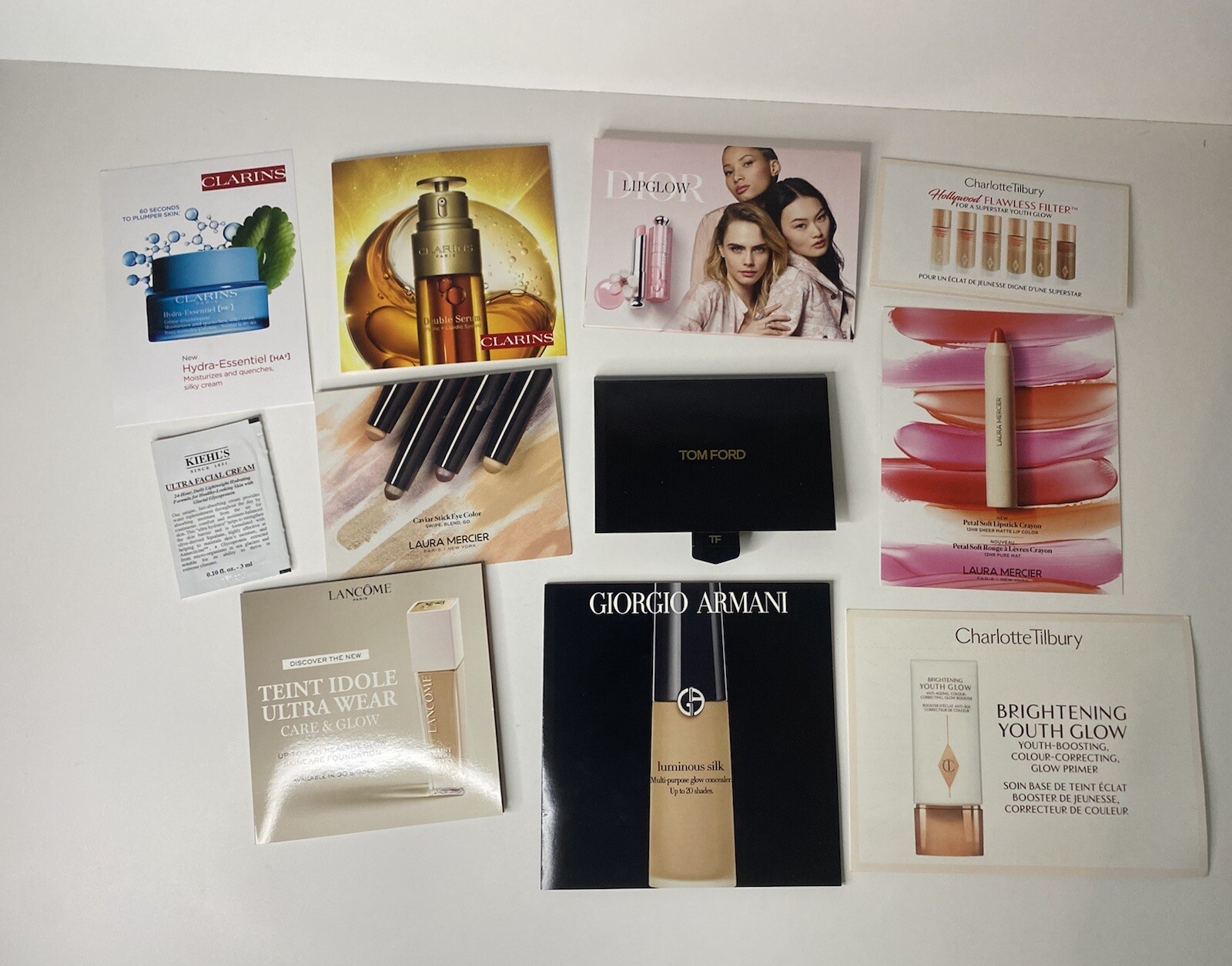 10 Pcs Beauty Makeup Skin Samples Dior Tilbury Armani Lancome Clarins FREE BONUS