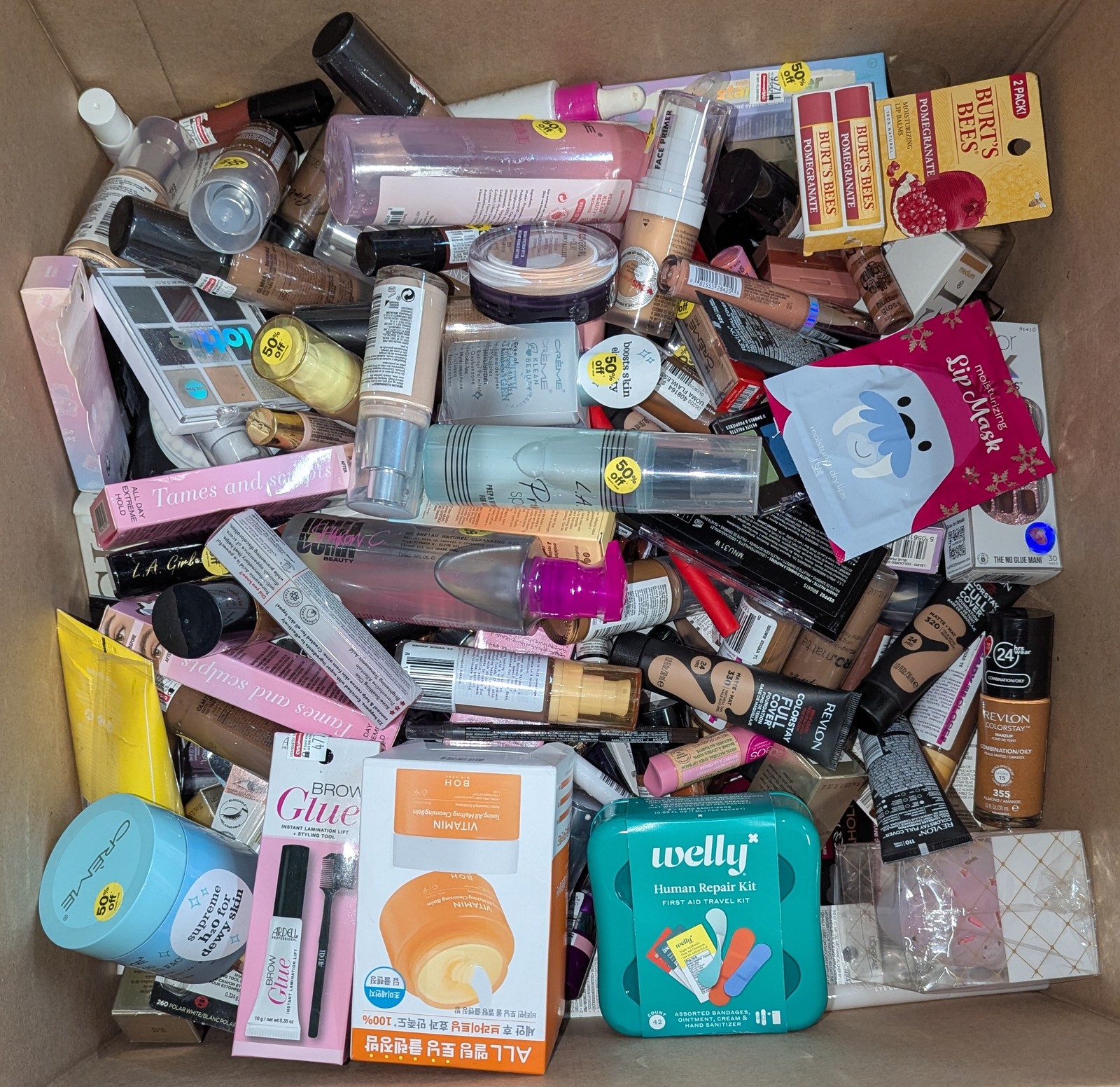 WHOLESALE LOT OF 100 PIECE ASSORTED LOREAL/MAYBELLINE+OTHER NAME BRAND COSMETICS