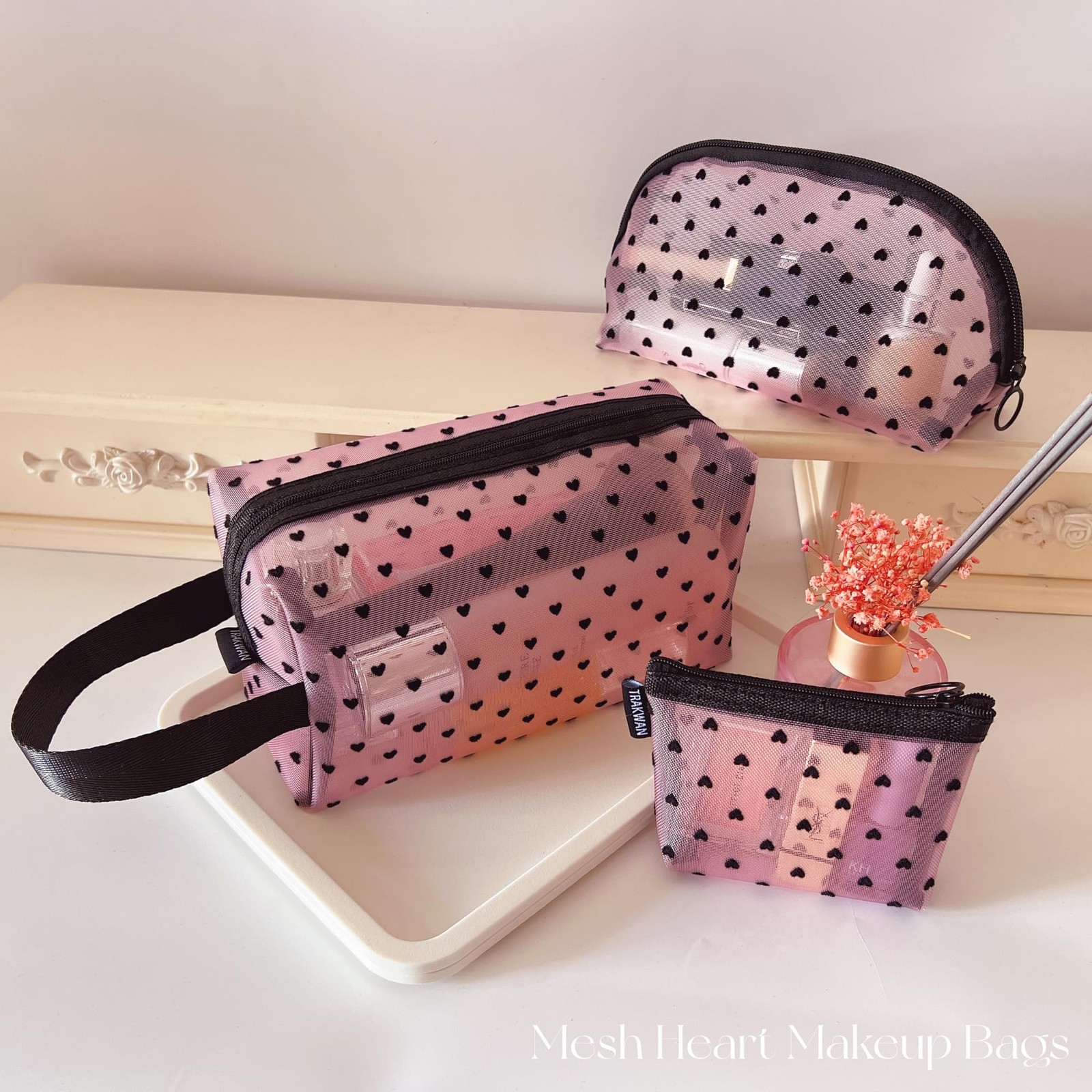 5 Pieces Mesh Heart Makeup Bags Sets, Zipper Mesh Cosmetic Bag Toiletry Bag, …
