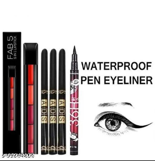 5 in 1 lipstick pack of 1 and 3 pcs ads black pencil kajal and 1 pcs 36h eyeline
