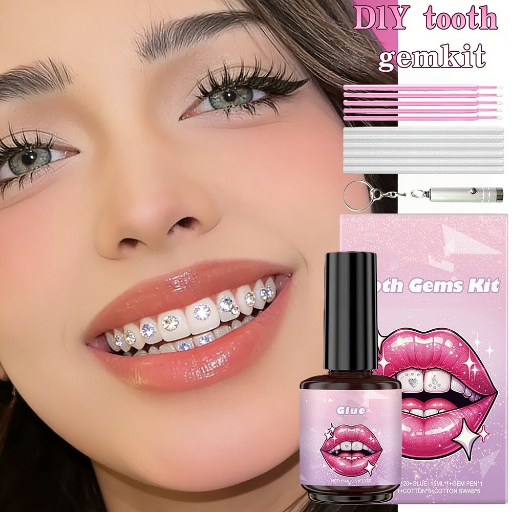Complete Tooth Gem Kit with Adhesive and UV Light for Sparkling Teeth Decoration