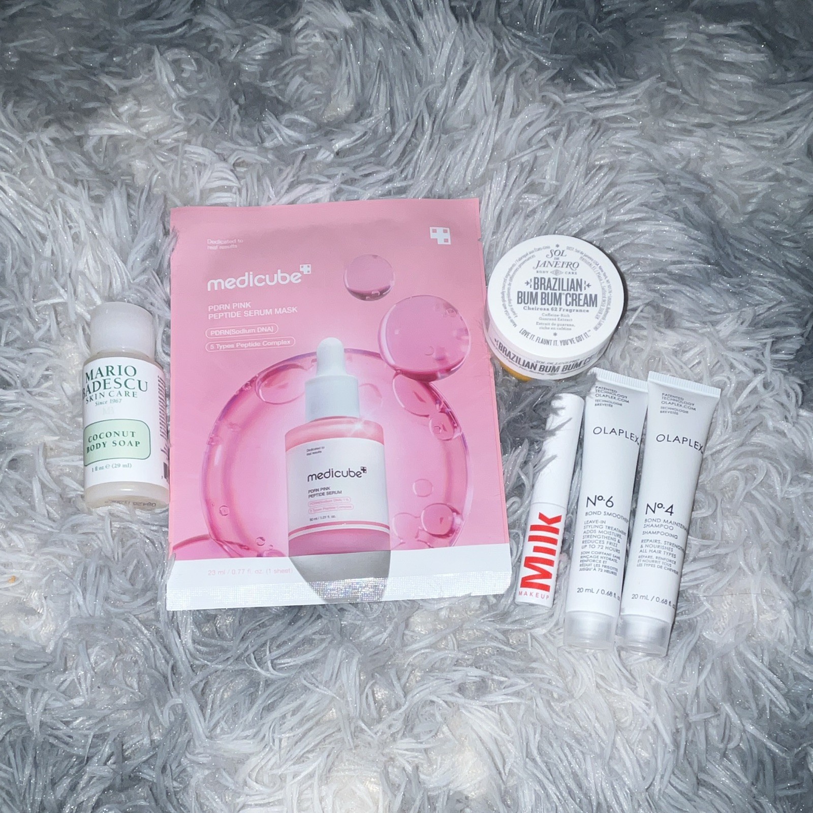 Assorted Travel/Sample Beauty Lot medicube PDRN Mask, Olaplex No.4/6, Milk/SOL