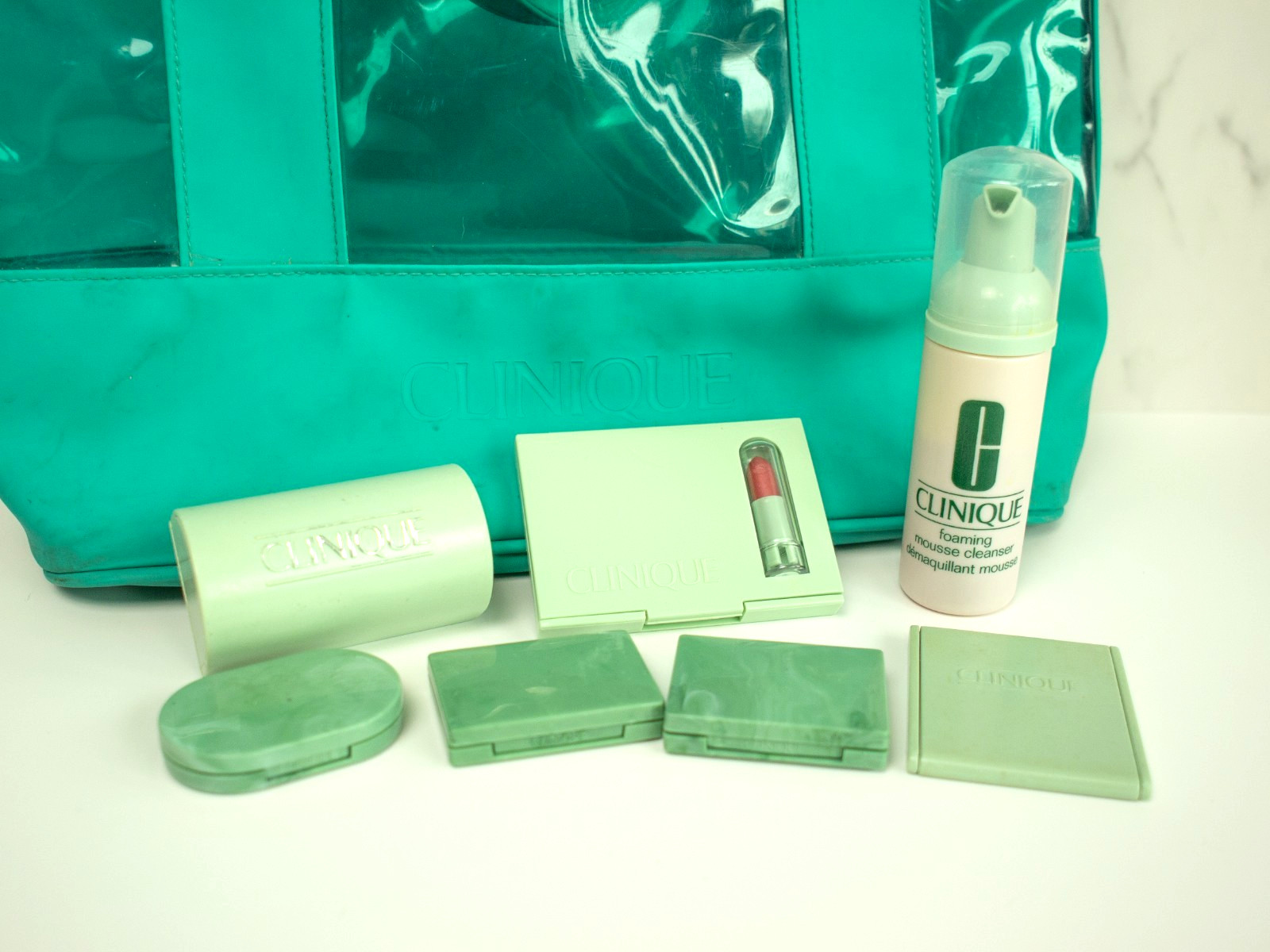 Lot of 7 Vintage Green Clinique Bag Soap Lipstick Powder Eye Shadow Blush Mousse