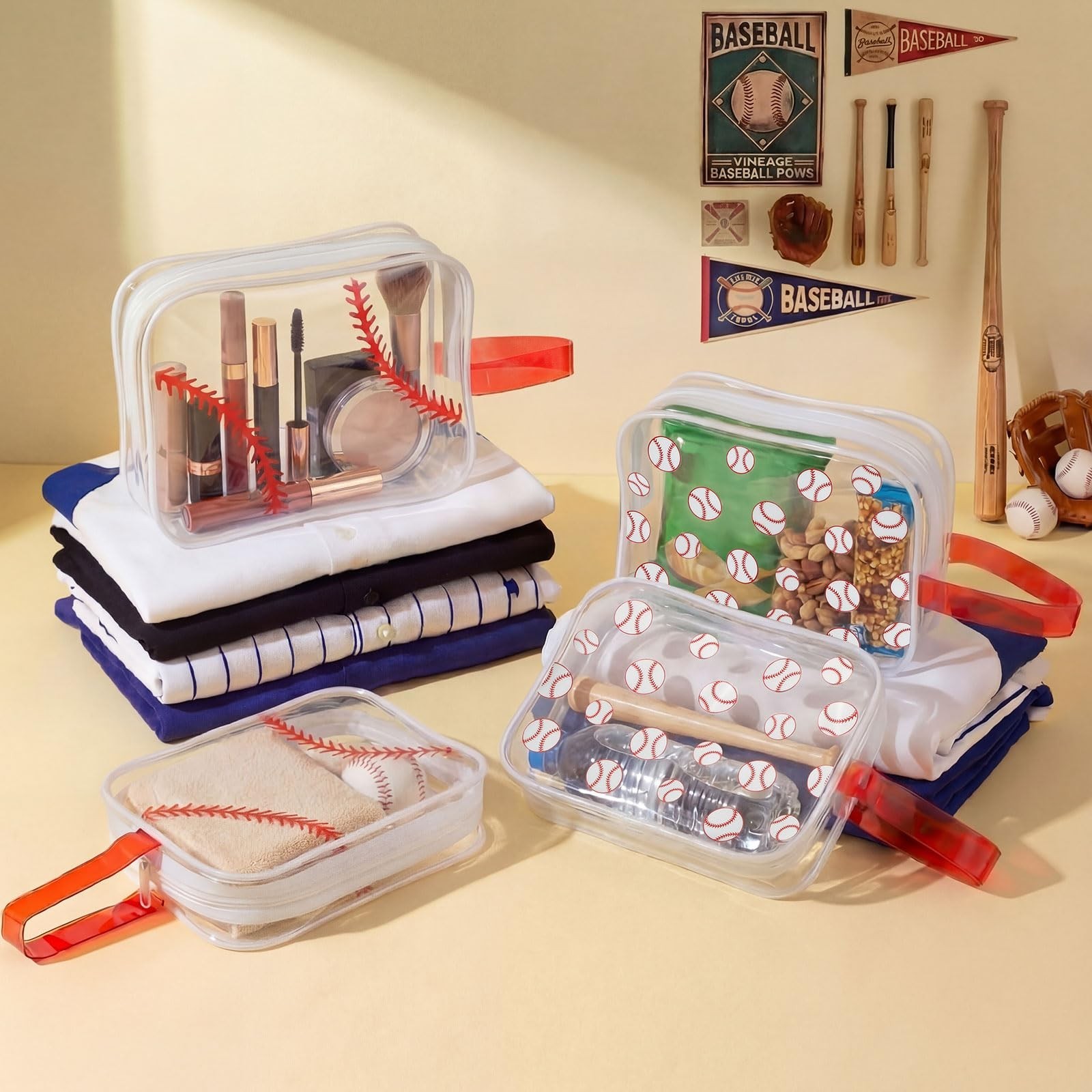 12 Pcs Baseball Clear Makeup Bag with Zipper Bulk Sport Goodie Clear PVC Pouc…