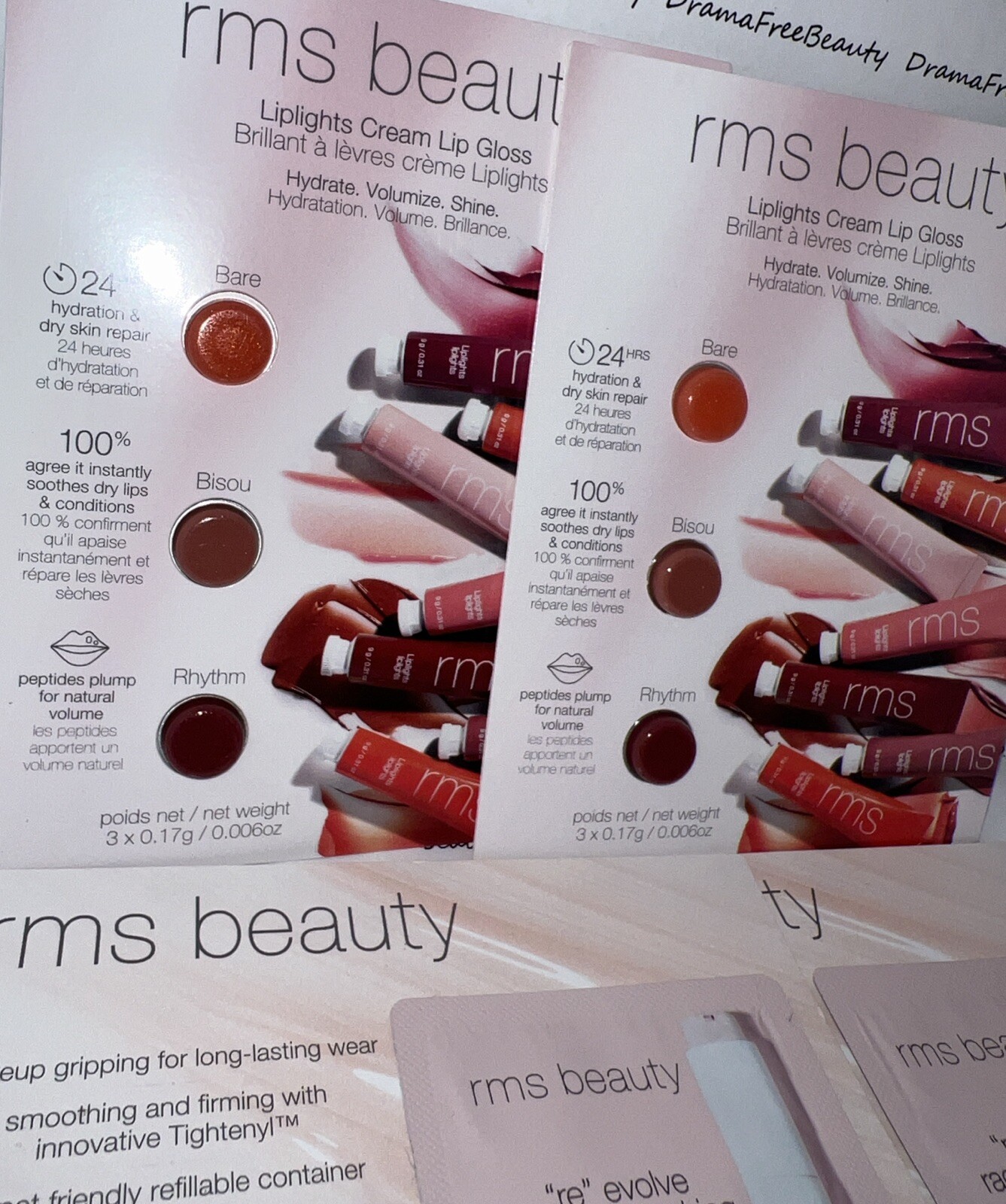 RMS Beauty Makeup 8pc Lot Radiance Primer & BARE, BISOU+ Liplights Lip Gloss Set
