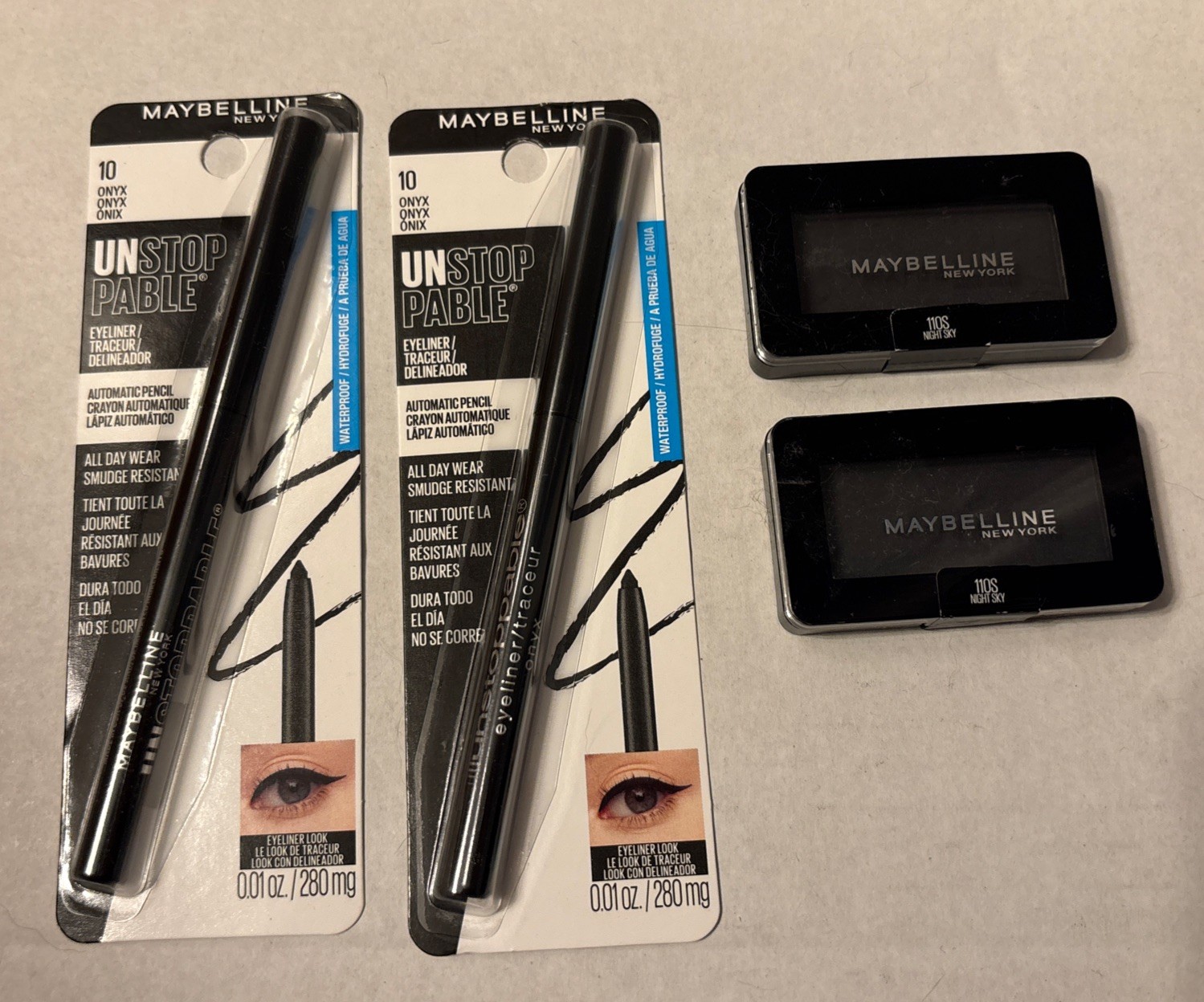 Maybelline 2 black eyeliners and 2 black eyeshadows