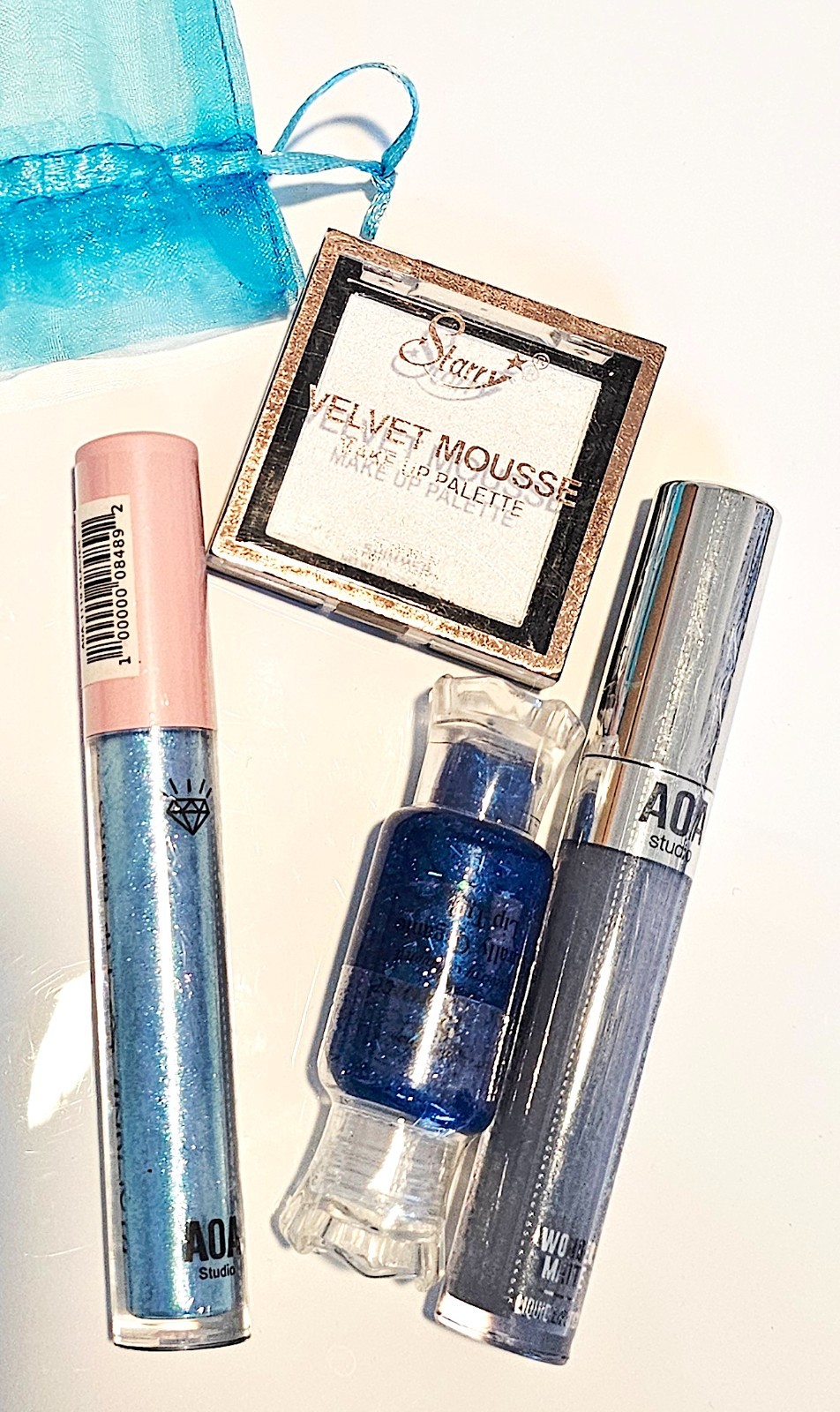 Blue Sparkle Makeup Bundle Gloss, Lip Tint, Velvet Mousse Palette, Gift Bag