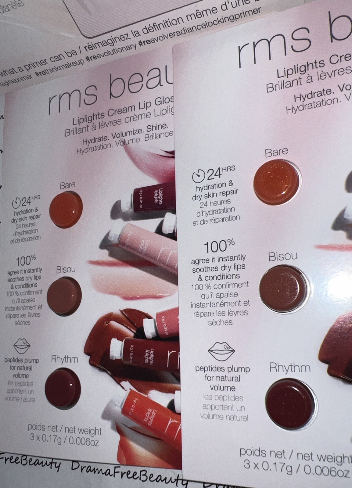 RMS Beauty Makeup 8pc Lot Radiance Primer & BARE, BISOU+ Liplights Lip Gloss Set
