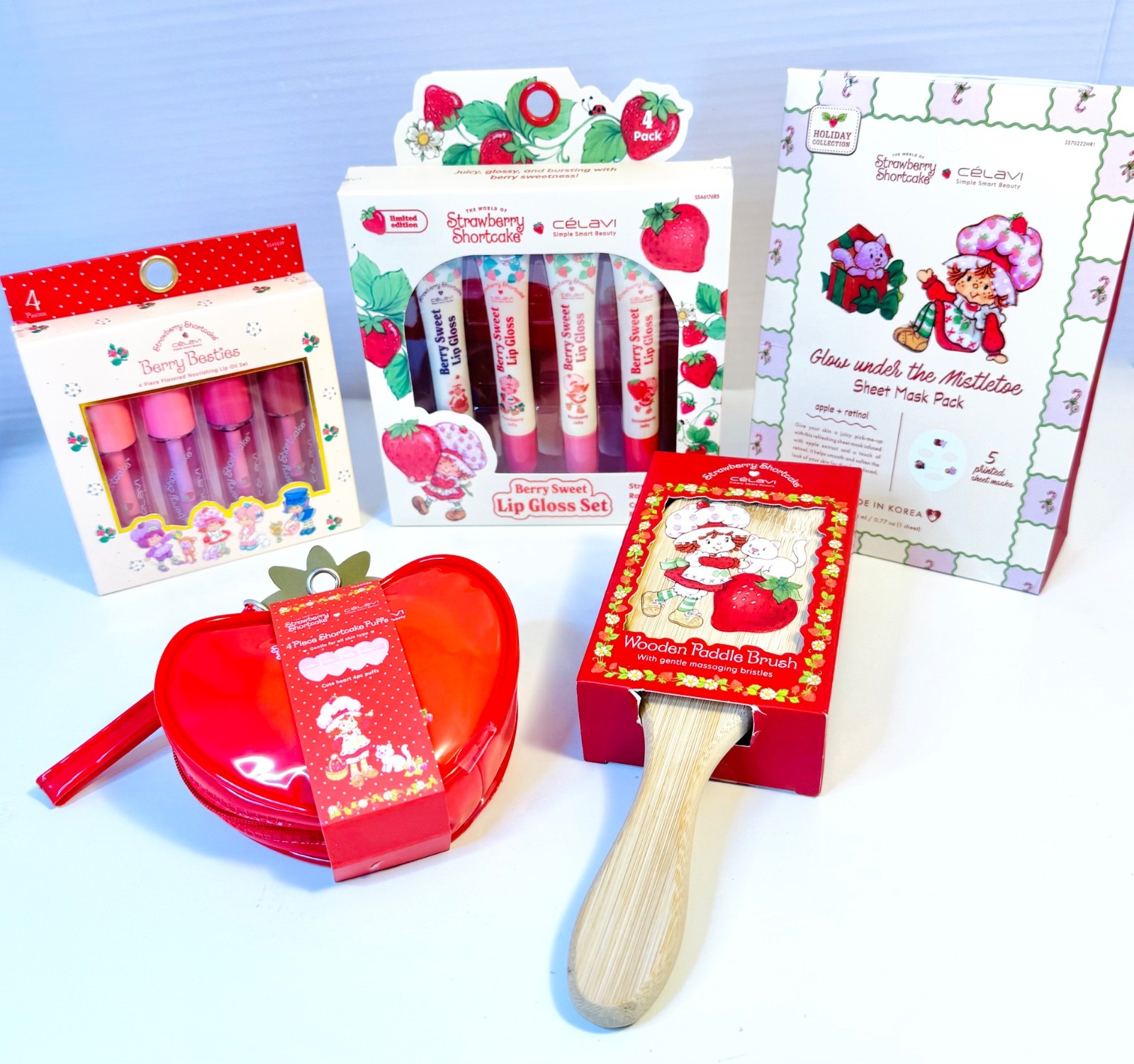 5x Strawberry Shortcake Set Skincare Face Sheet Mask Lip Gloss Oil Hair Brush