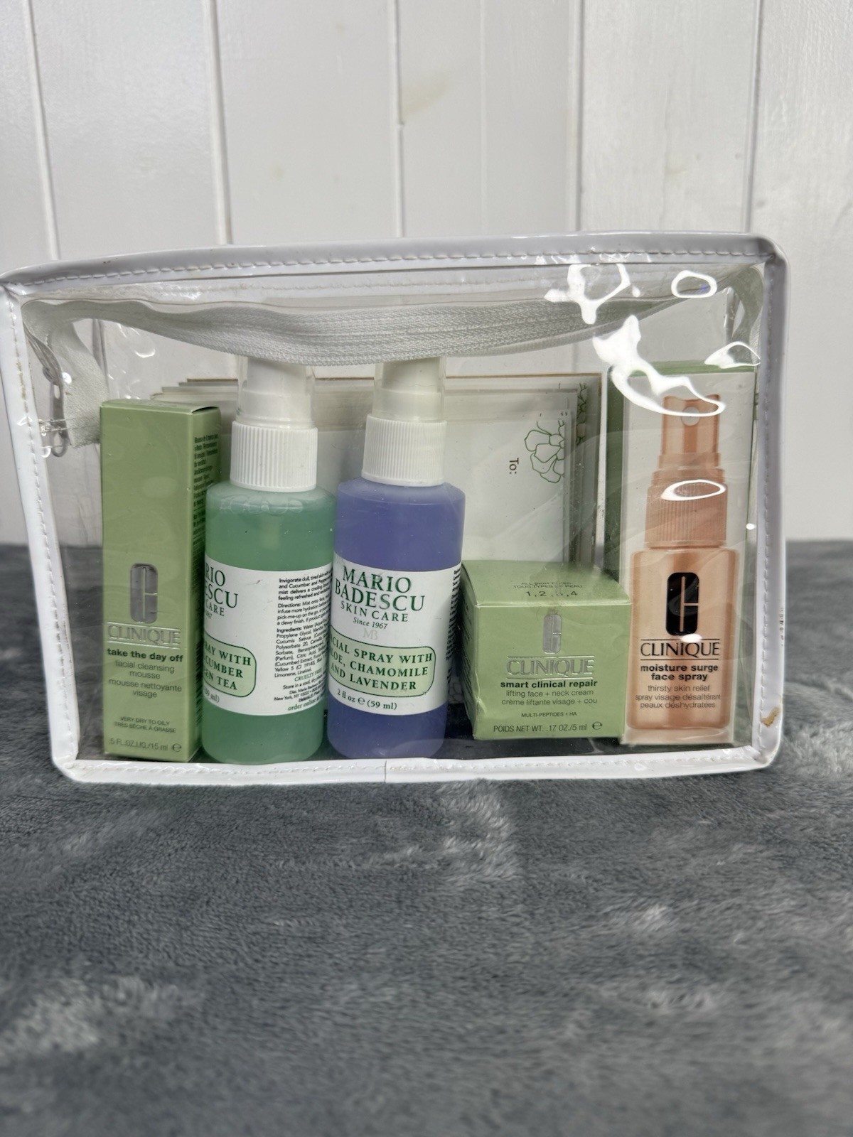 NEW Clinique Eminence Mario Badescu Skincare Lot Sample Size In Clear Travel Bag