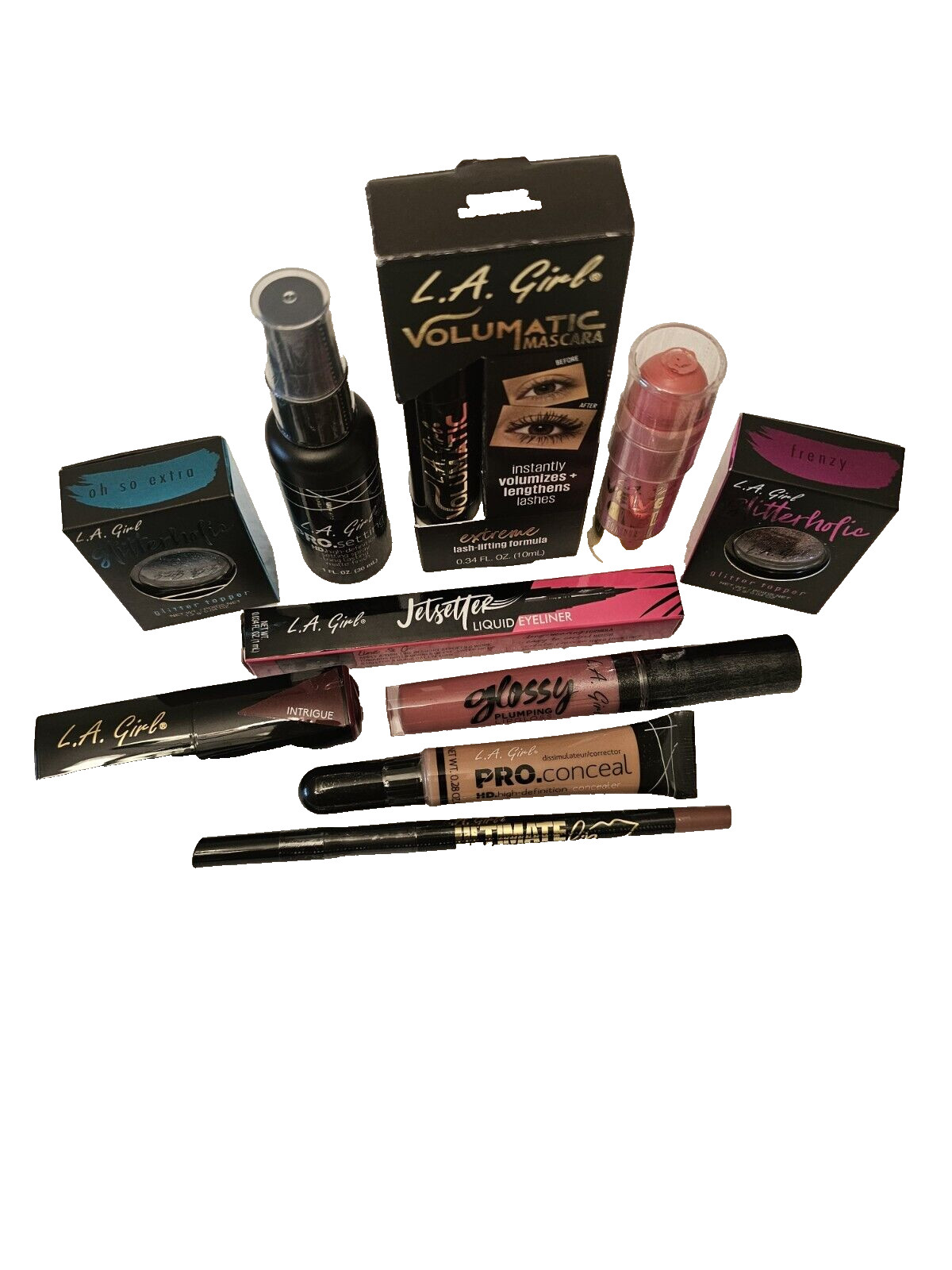 L.A Girl 10 Pc Mascara Glitter Set. Spray Lip/Eye Liner Lipstick Conceal Blush.