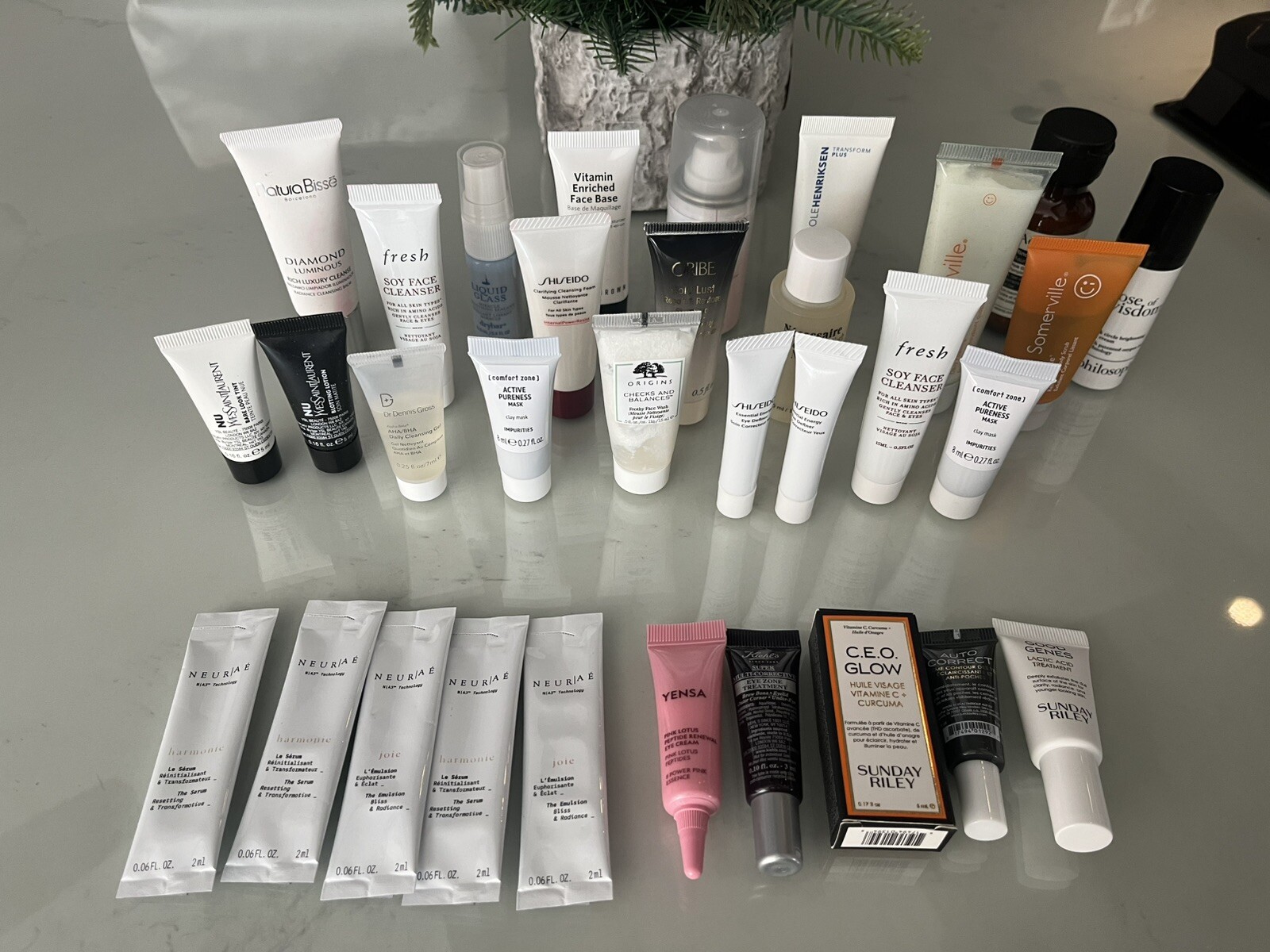 Lot of 32 Travel & Sample Beauty Products Skin/Makeup YSL/Oribe/Kiehls NEW