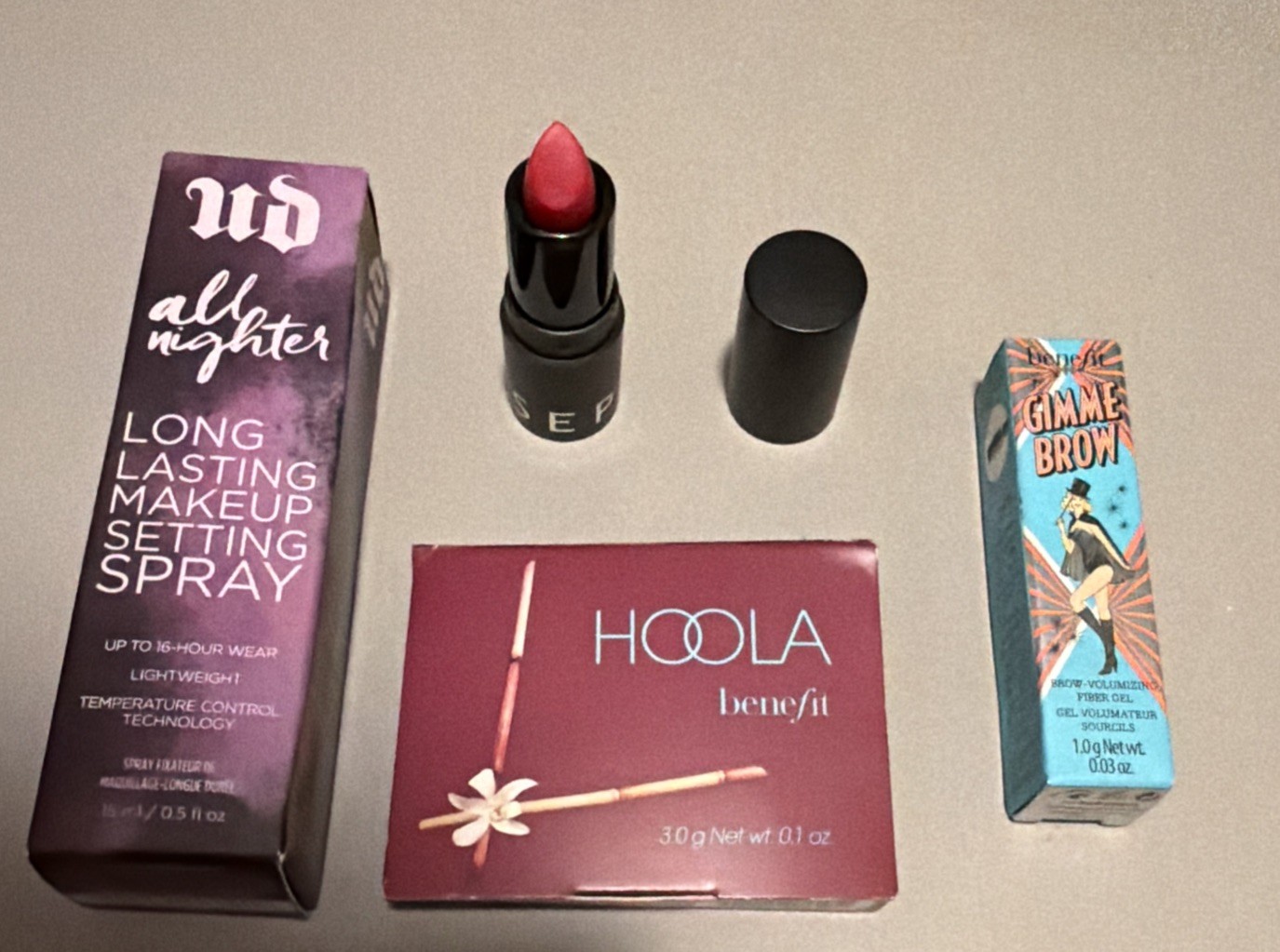 Assorted Makeup Travel Size Set. Setting Spray/Bronzer/Red Lipstick/Brow Fiber