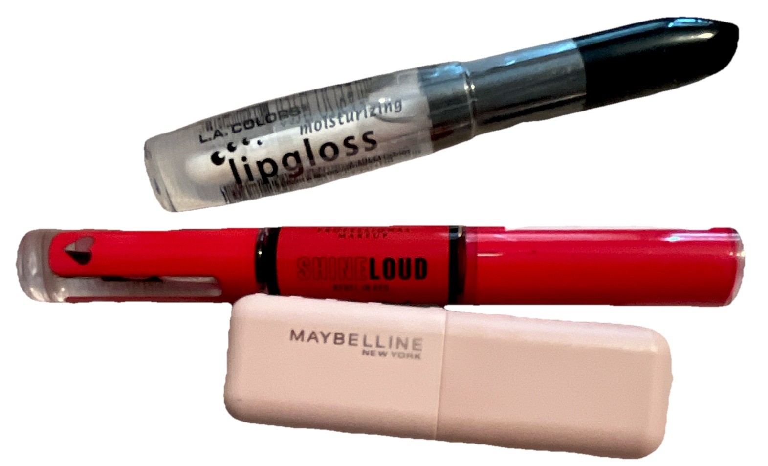 NYX Shine Loud + Maybelline New York Lipstick 102 + L.A. Colors Moist Lipgloss