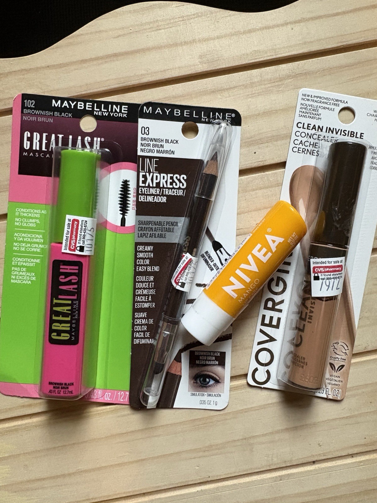 Lot Of Cosmetics Maybelline Mascara Eyeliner, Covergirl Concealer, Nivea Lip