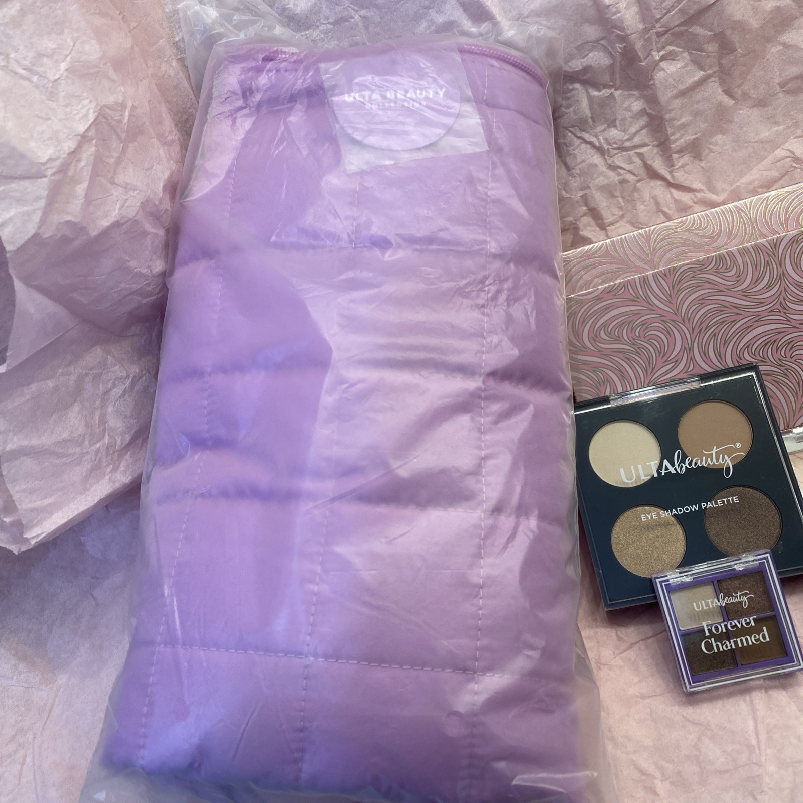 15 Piece ULTA Makeup Lot BRAND NEW W PURPLE PUFFER Large COSMETIC CarryAll BAG