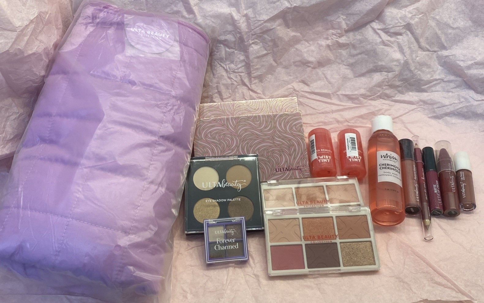 15 Piece ULTA Makeup Lot BRAND NEW W PURPLE PUFFER Large COSMETIC CarryAll BAG