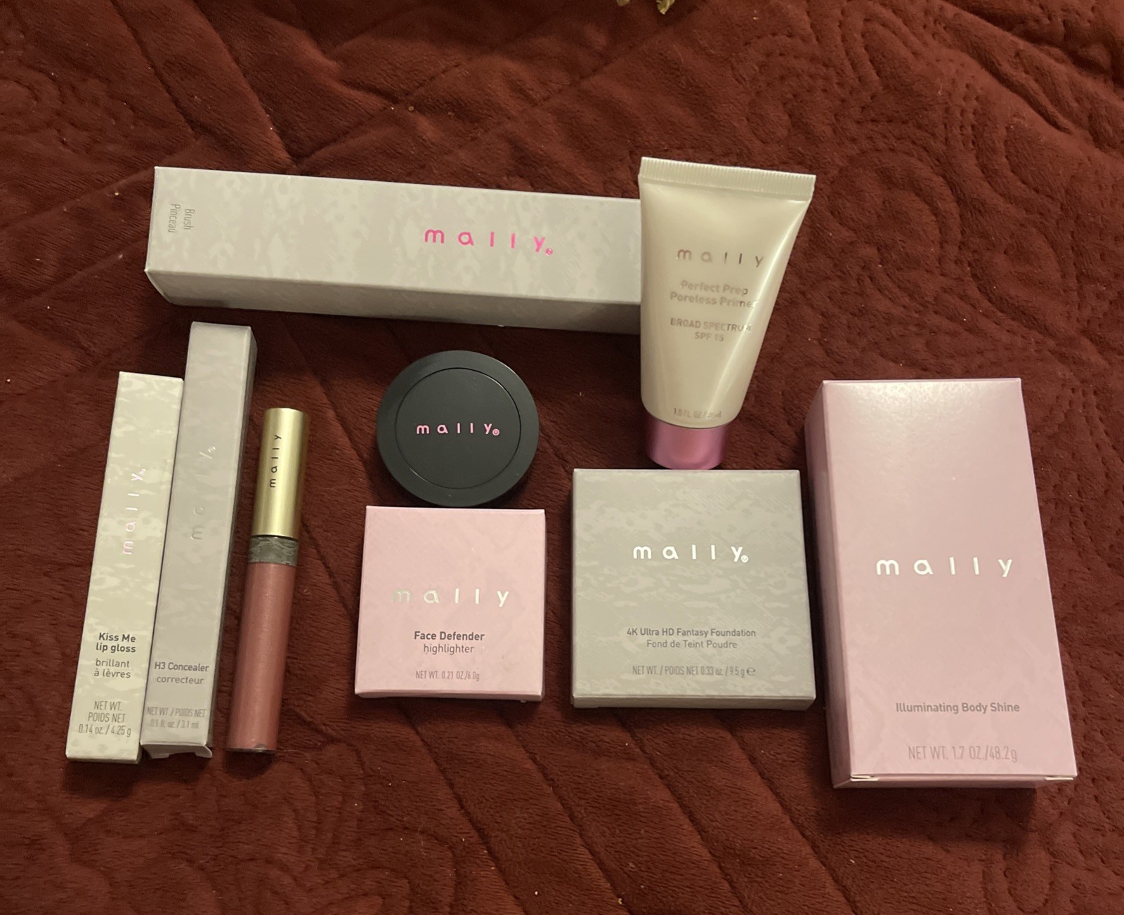 9 pc MALLY Makeup ,shine, Glow, Kiss, Concealer, Primer, Blush, Foundation, Brsh