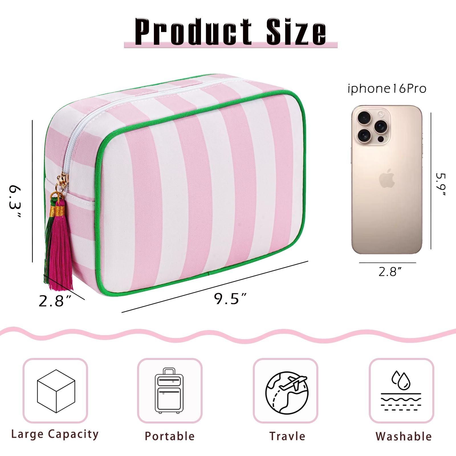 Large Stripe Canvas Zipper Makeup Bag,Aesthetic Tassel Travel Cosmetic Bag,Co…