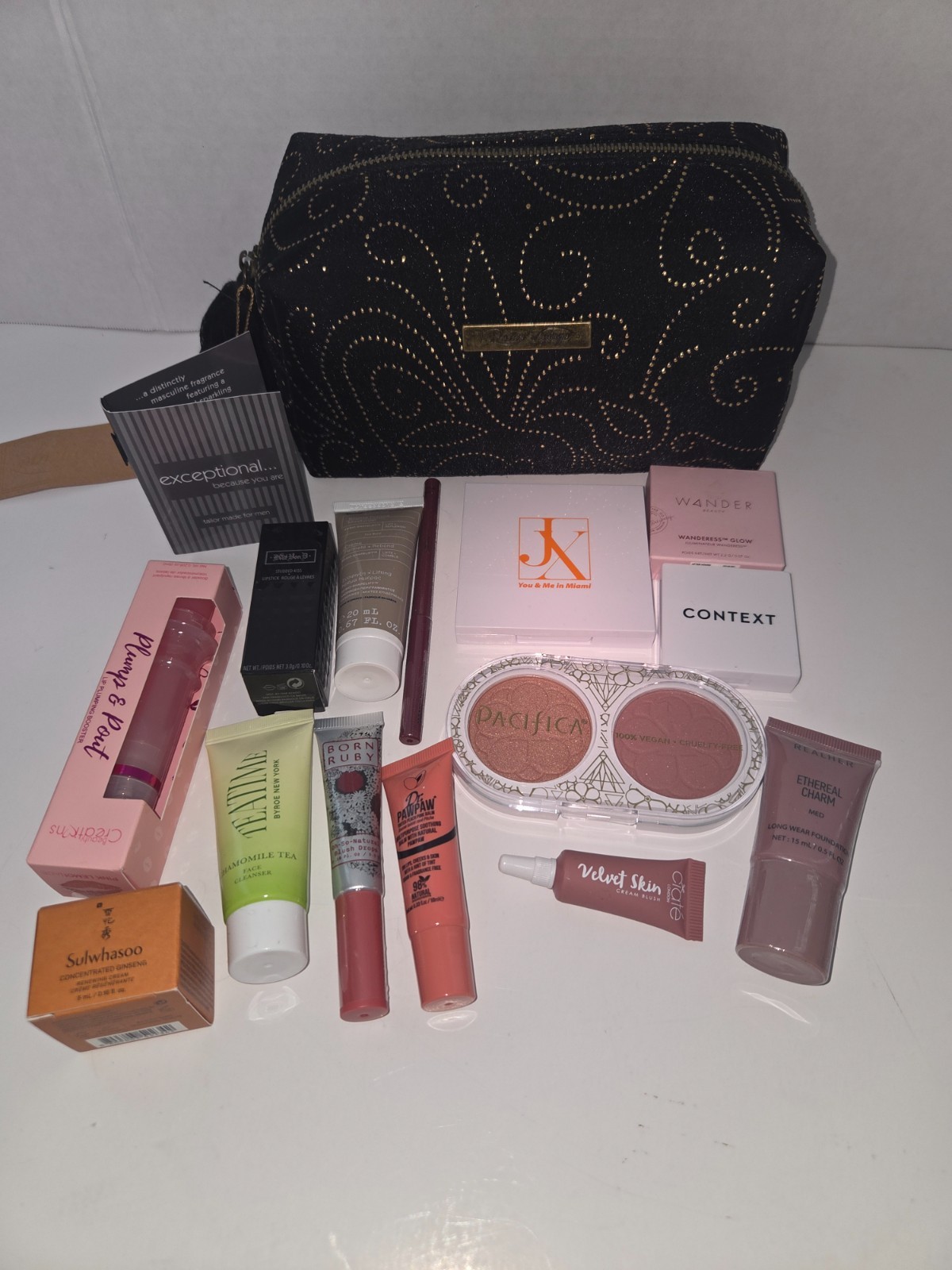 16pc NEW Cosmetic Samples Bag Perfume Lip Plump eye shadow blush compact bronzer