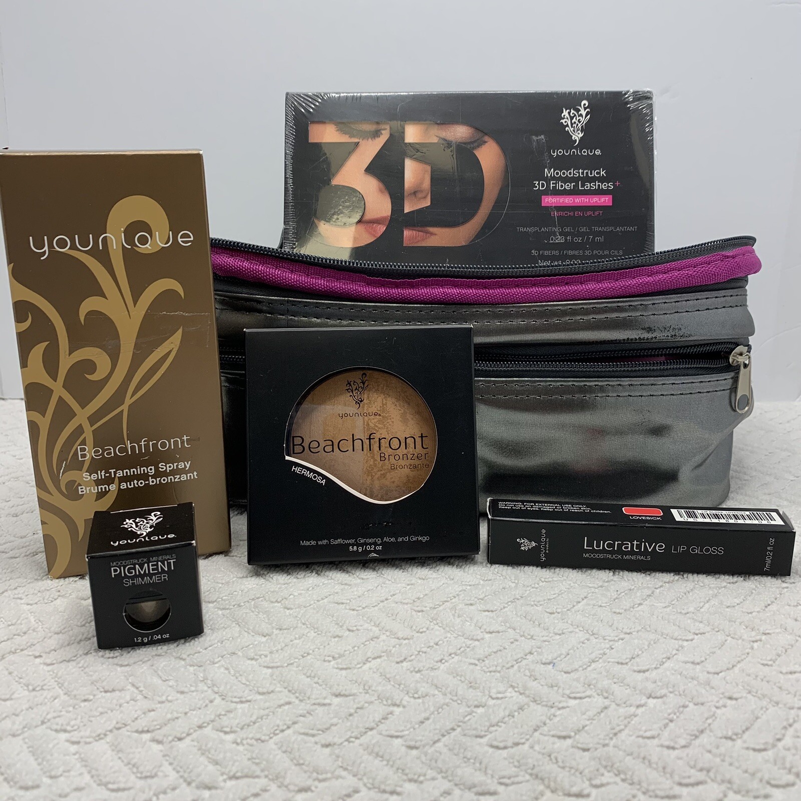 Younique Gift Pack, Lot Of 6, Bronzer, Lip Gloss, Lashes, Shimmer, Spray Tan