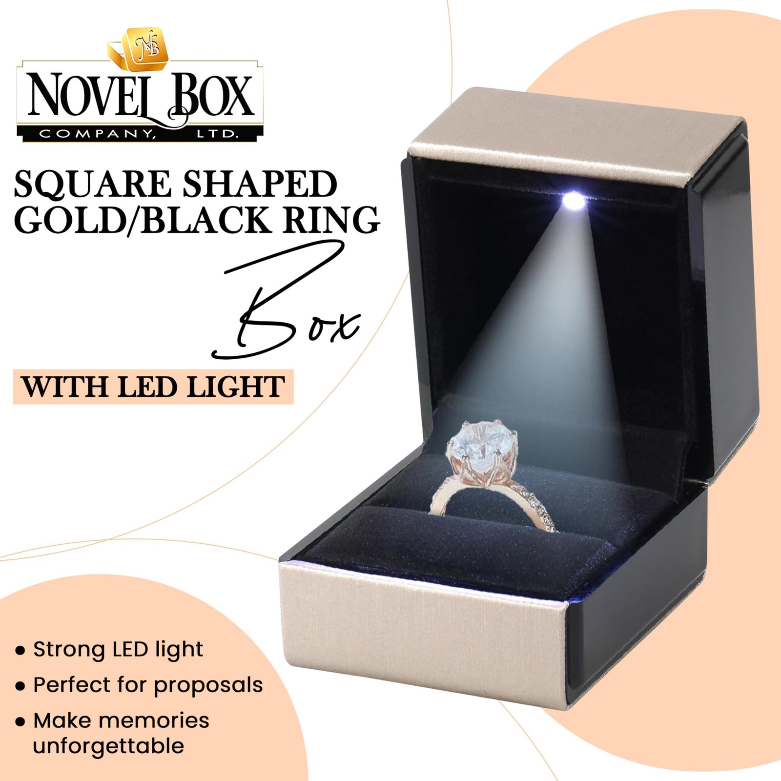Novel Box Square Shaped Gold Ring Box With LED Light 2.25X2X2.5 Inches – Jewe…
