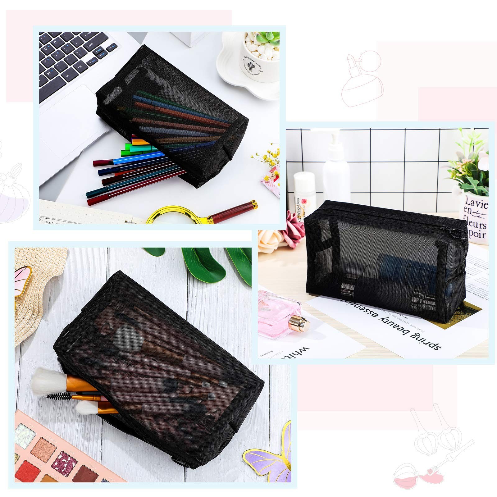 Sadnyy 5 Pieces Mesh Makeup Bag Portable Travel Cosmetic Bag Black Breathable…