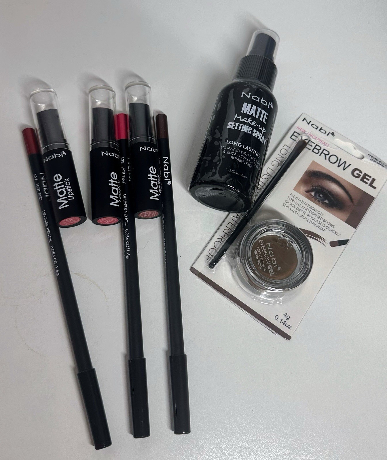 Nabi Makeup Set 3 Matte Lipsticks + 3 Lip Liners + Eyebrow Gel + Setting Spray