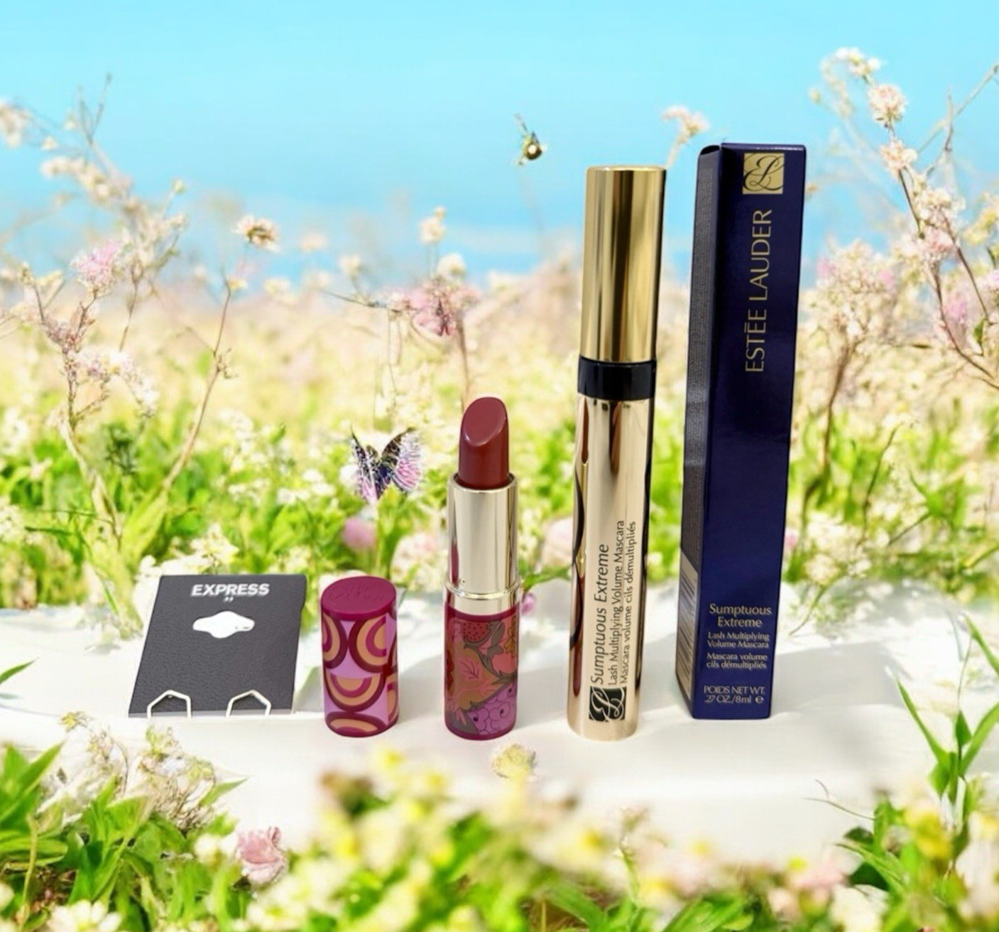 Express EARRINGS ESTEE LAUDER Sumptuous Extreme Volume Black Mascara LIPSTICK