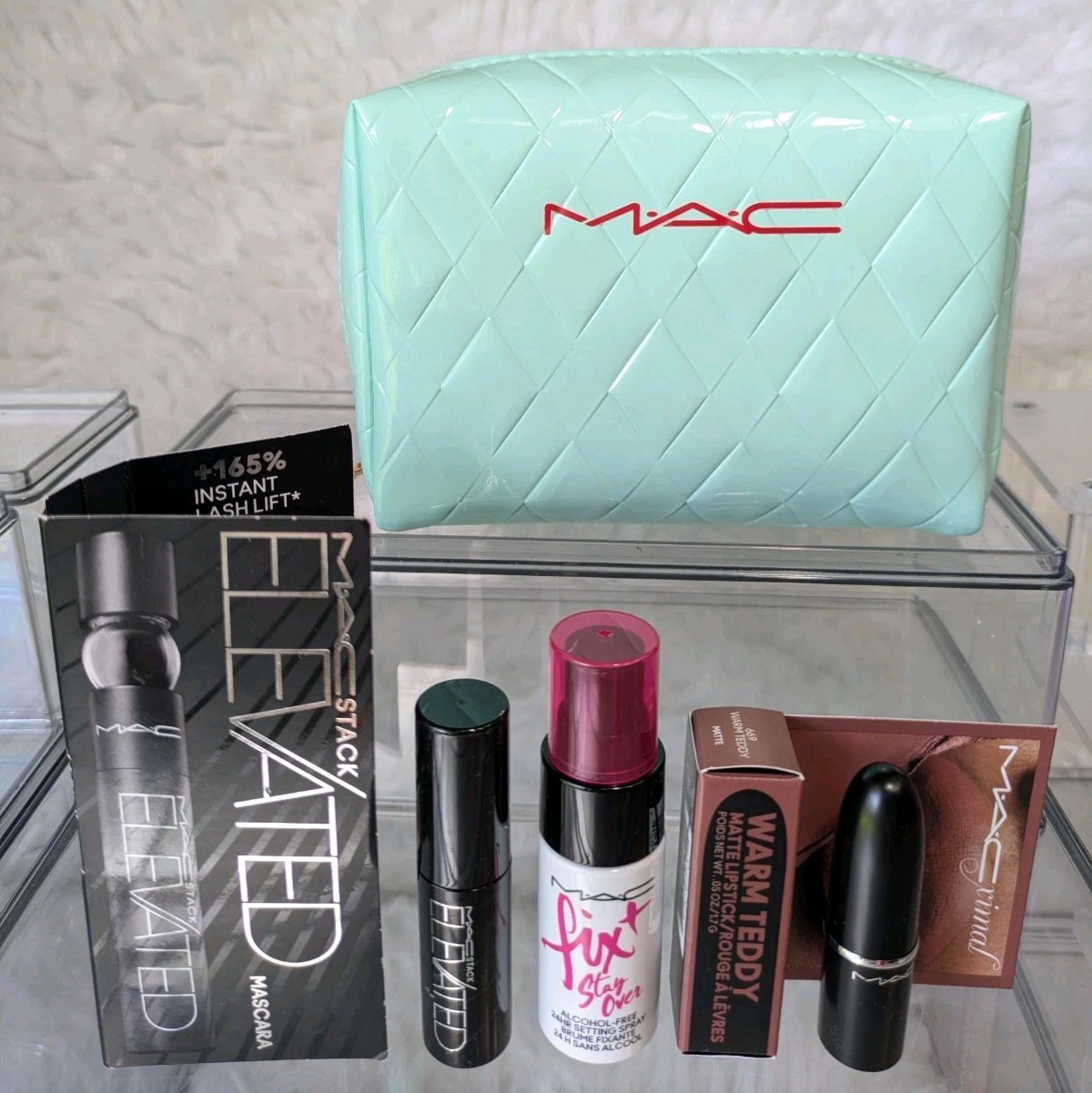 MAC Lot of 4 Warm Teddy Lipstick, Mascara, Setting Spray, & Tiffany Green Pouch