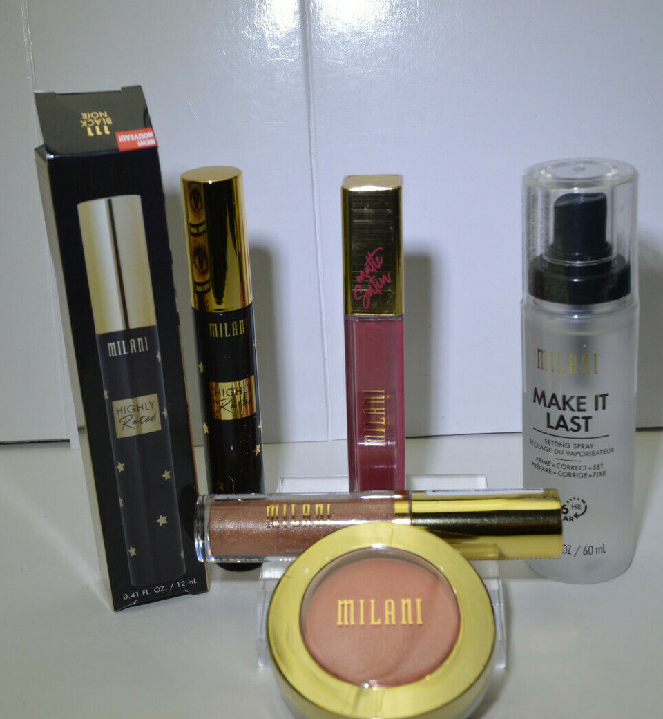 MILANI Makeup set 5: Amore Satin Matte Lip, Plumper, Powder Blush, Mascara, Spra