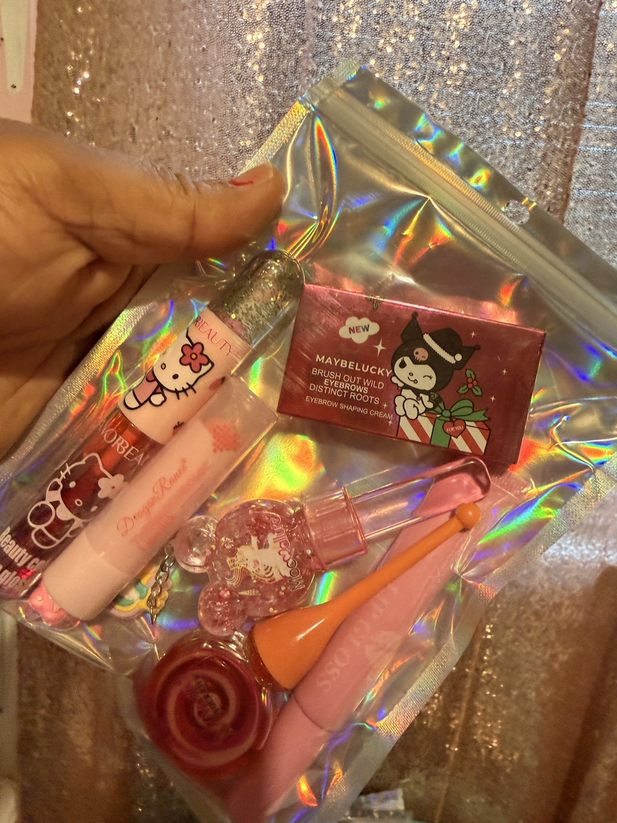 Assorted Travel Size Makeup Mixed Lot in Holographic Zip Pouch, Maybelucky