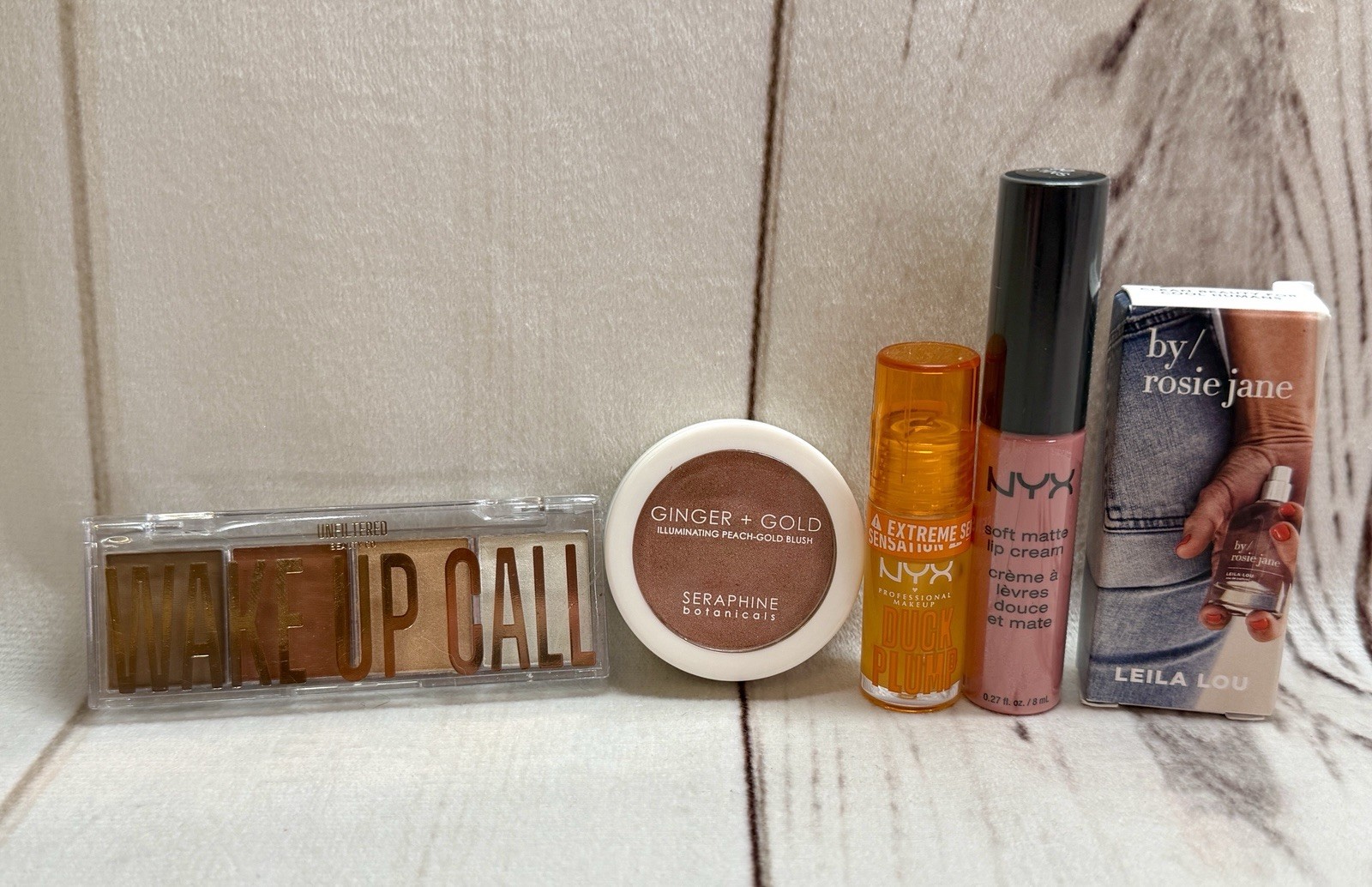 x5 Lot New Makeup NYX Plump Lip, Rosie Jane Perfume Ipsy Blush Eyeshadow Palette