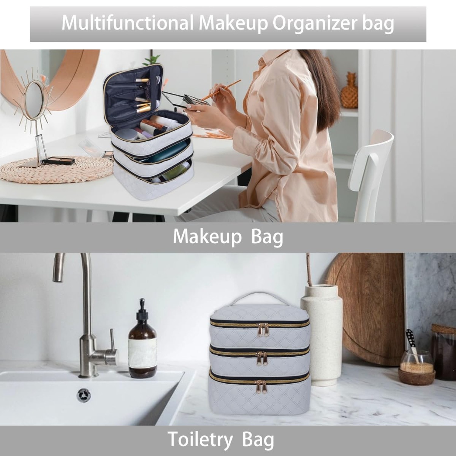 Large Makeup Bag 3 Layers with Handle Travel Organizer Case(Beige) | Large Ma…