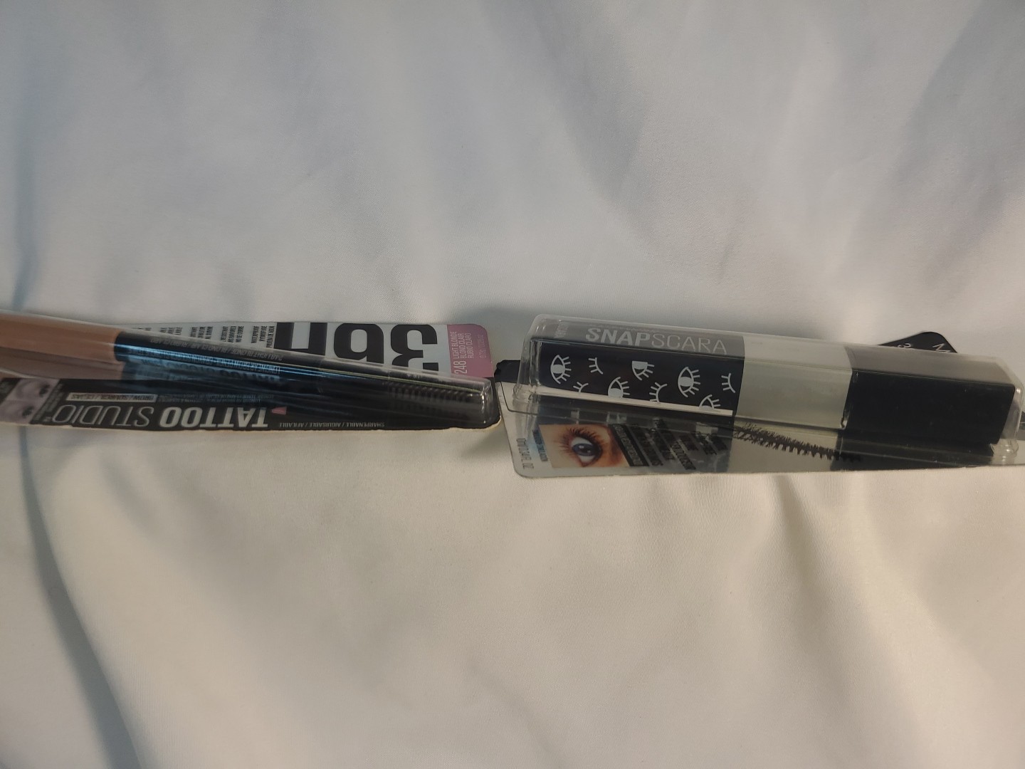 4pc. Maybelline Highlighter, Mascara,Tatoo Studio Brow Pencil, Cream Eyeshadow