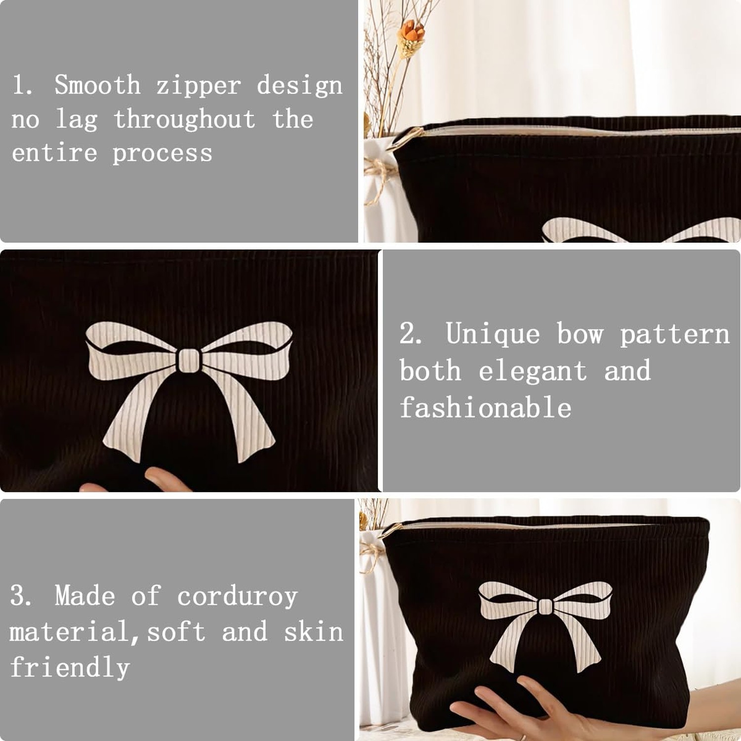 Black Bow Makeup Bag Soft Corduroy Zipper Cosmetic Bag Large Capacity Travel …