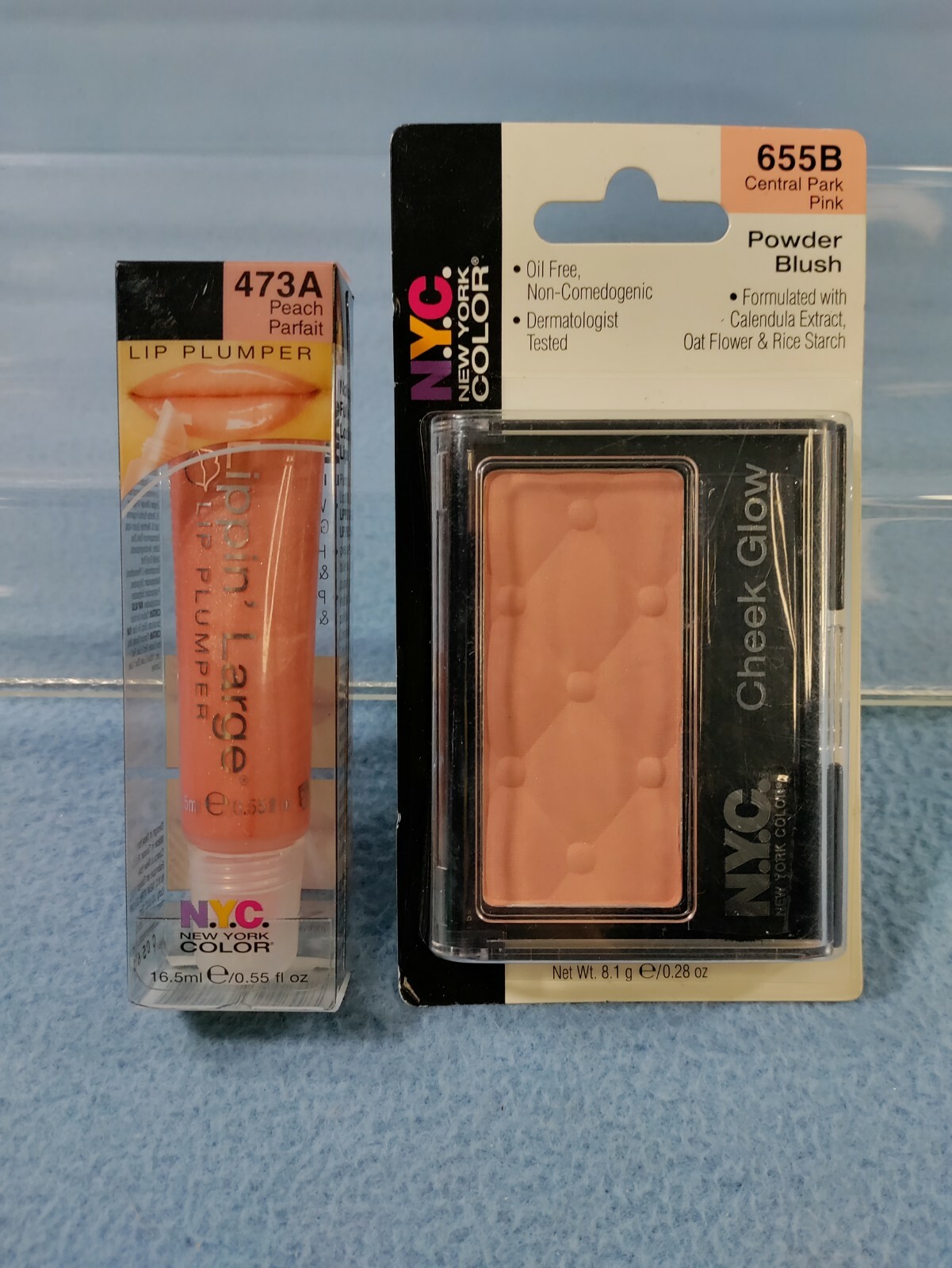 NEW LOT OF 2 NYC NEW YORK COLOR PINK POWDER BLUSH 655B & PEACH LIP PLUMPER 473A