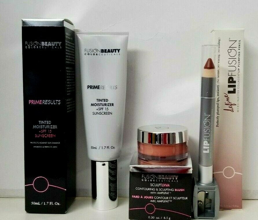 Fusion Beauty Bundle: Tinted Moisturizer SAND, Lip Plumping Pencil FLUSH, Blush