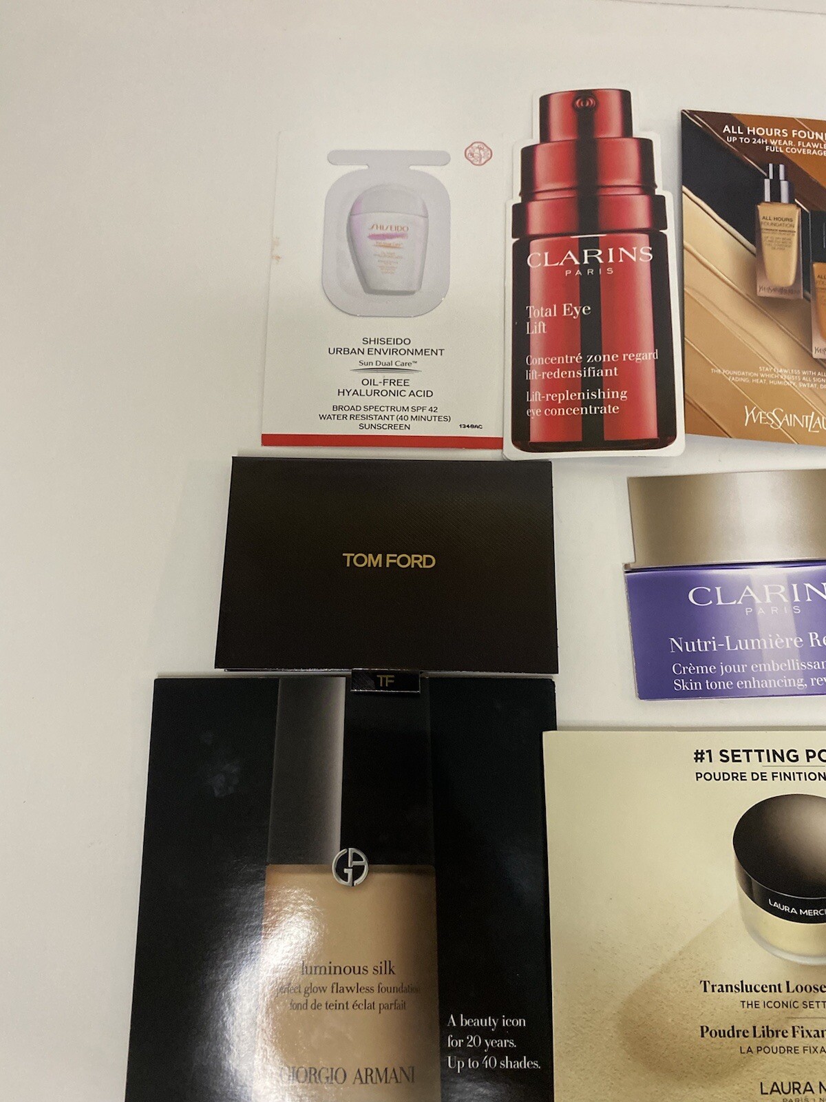 10 Pcs Beauty Makeup Skin Samples Tilbury Armani YSL Ford Mercier Clarins BONUS