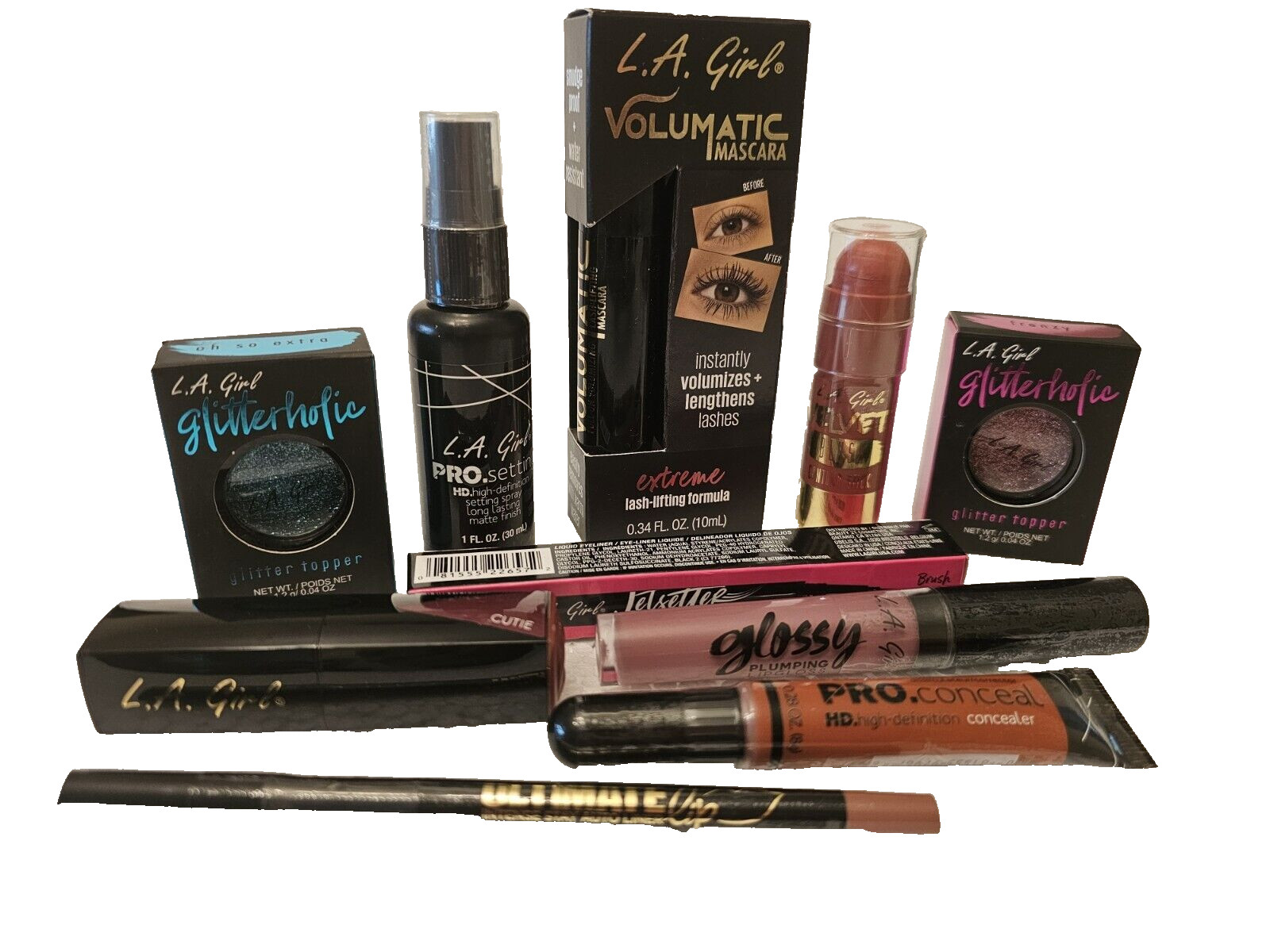 L.A Girl 10 Pc Mascara Glitter Set. Spray Lip/Eye Liner Lipstick Conceal Blush.