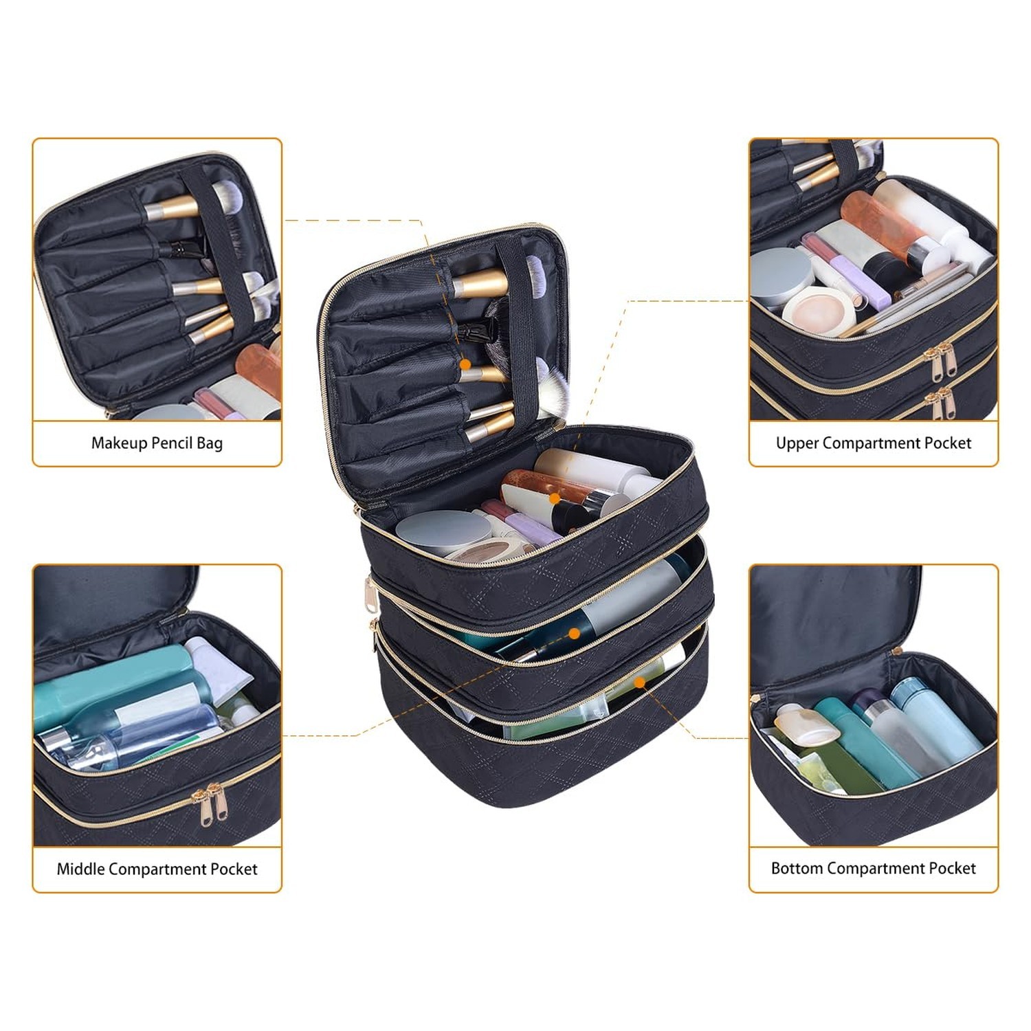 Large Makeup Bag 3 Layers with Handle Travel Makeup Bag Organizer Toiletry Ac…