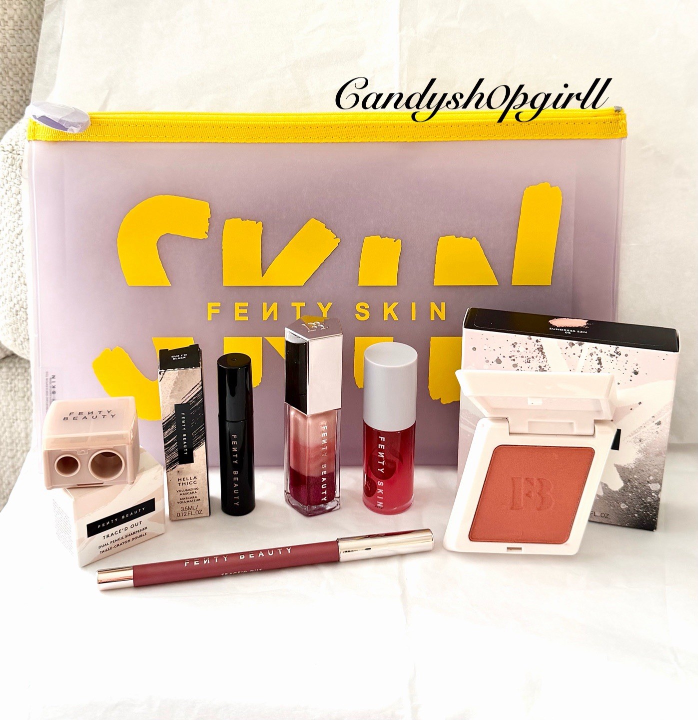 7PC Fenty Beauty Blush/Mascara/Sharpner/Lip Pencil/Gloss Bomb/Lip Oil/Pouch